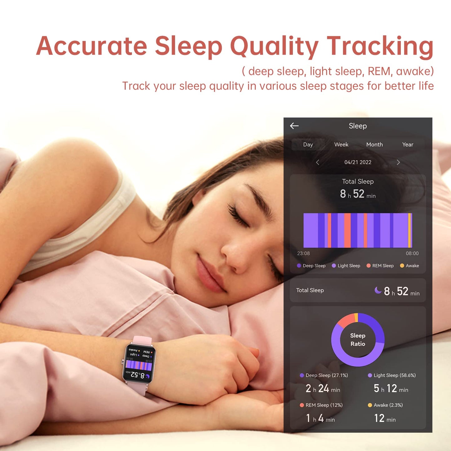 EUKER Smart Watch 1.69 inch Full Touch Screen Fitness Tracker Pink