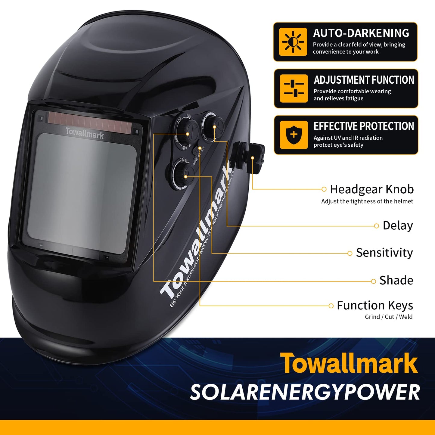 Towallmark Auto Darkening Welding Helmet 3.95¡±¡Á3.9¡± Large Viewing Welding Hood