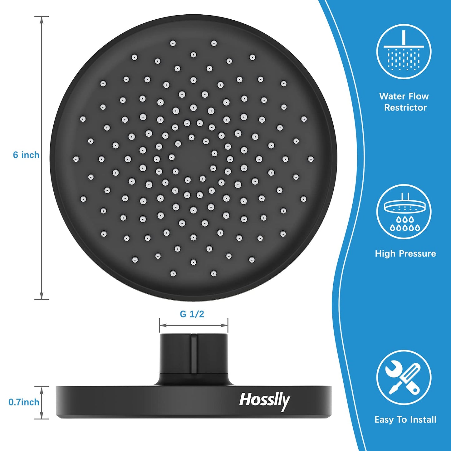 HOSSLLY Rainfall Shower Head High Pressure 360¡ã Adjustable - Matte Black