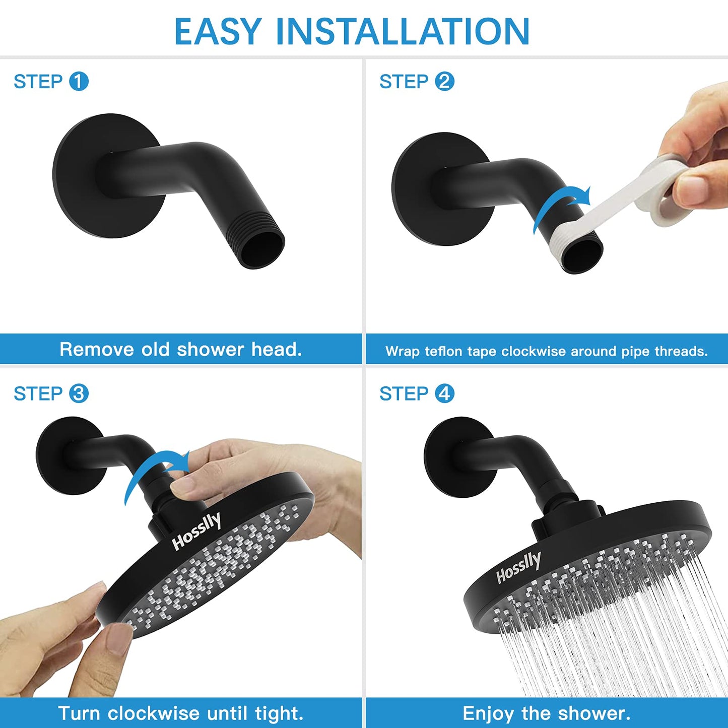 HOSSLLY Rainfall Shower Head High Pressure 360¡ã Adjustable - Matte Black