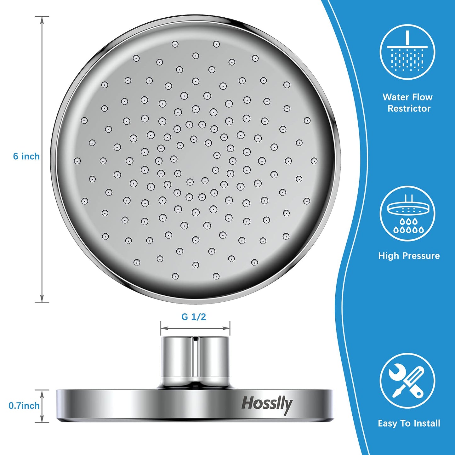 HOSSLLY Rainfall Shower Head High Pressure 360¡ã Adjustable - Chrome