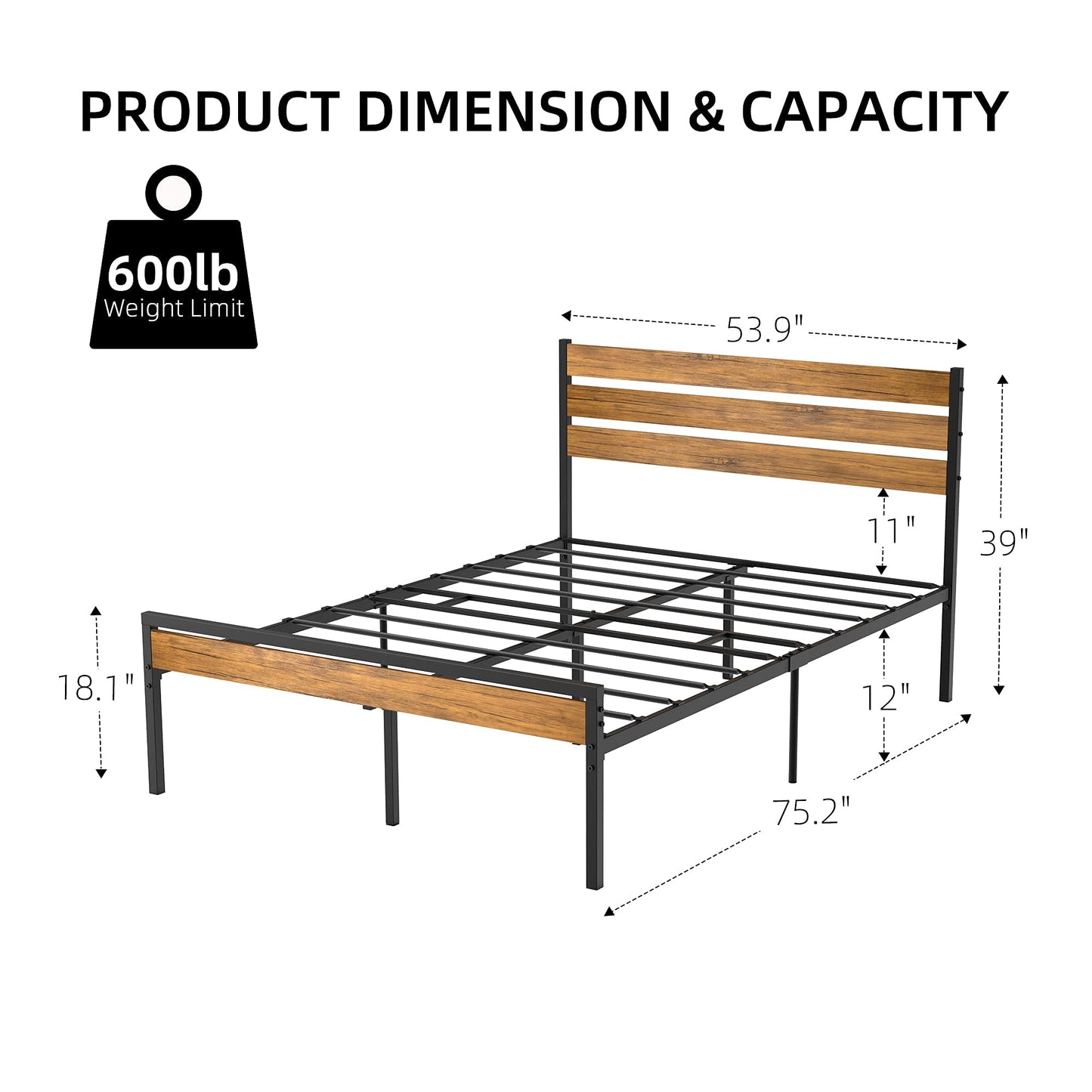 IDEALHOUSE Full Size Bed Frame with Wood Headboard
