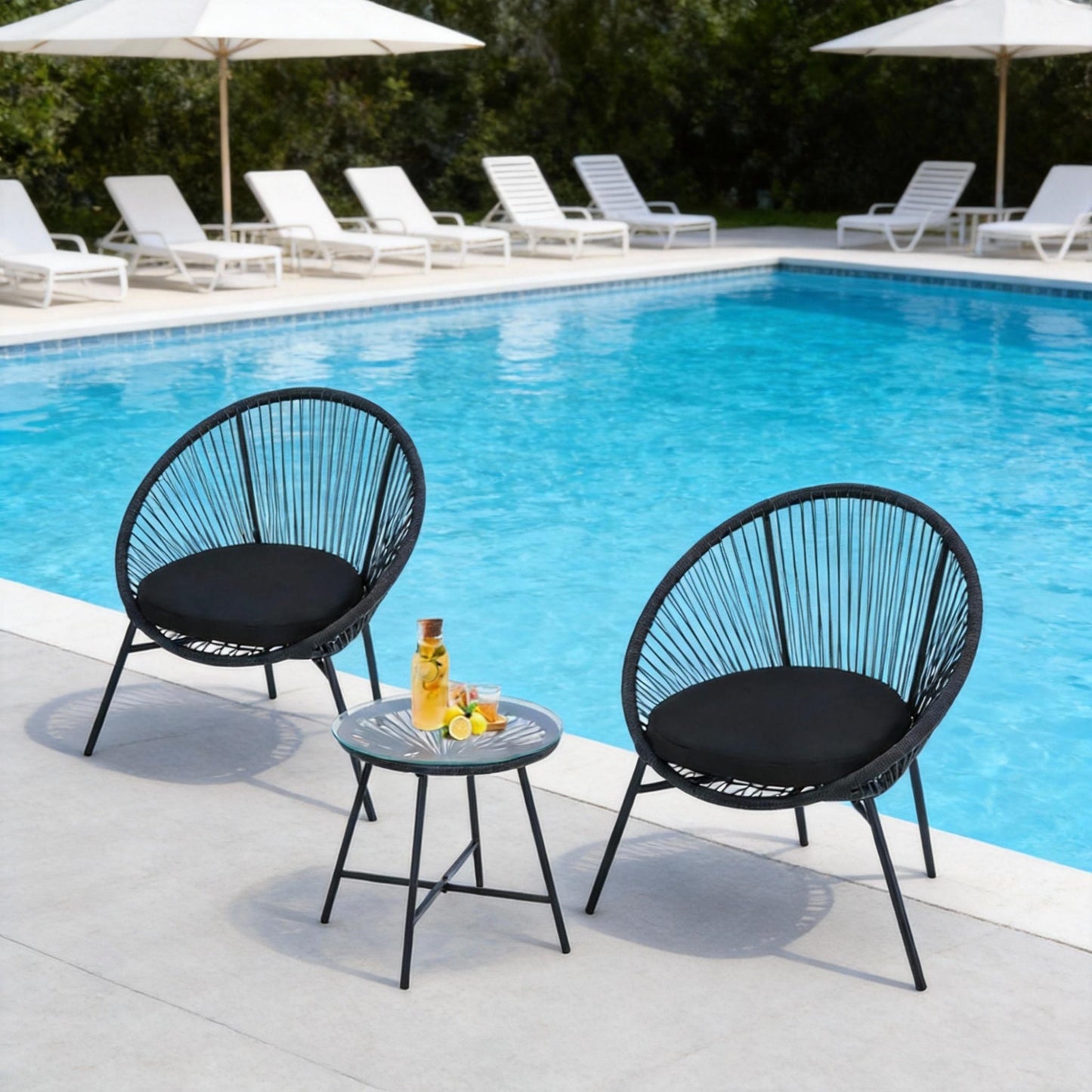 Garvee 3 Piece Patio Bistro Set, Acapulco Chairs with Cushions & Glass Top Side Table, Black