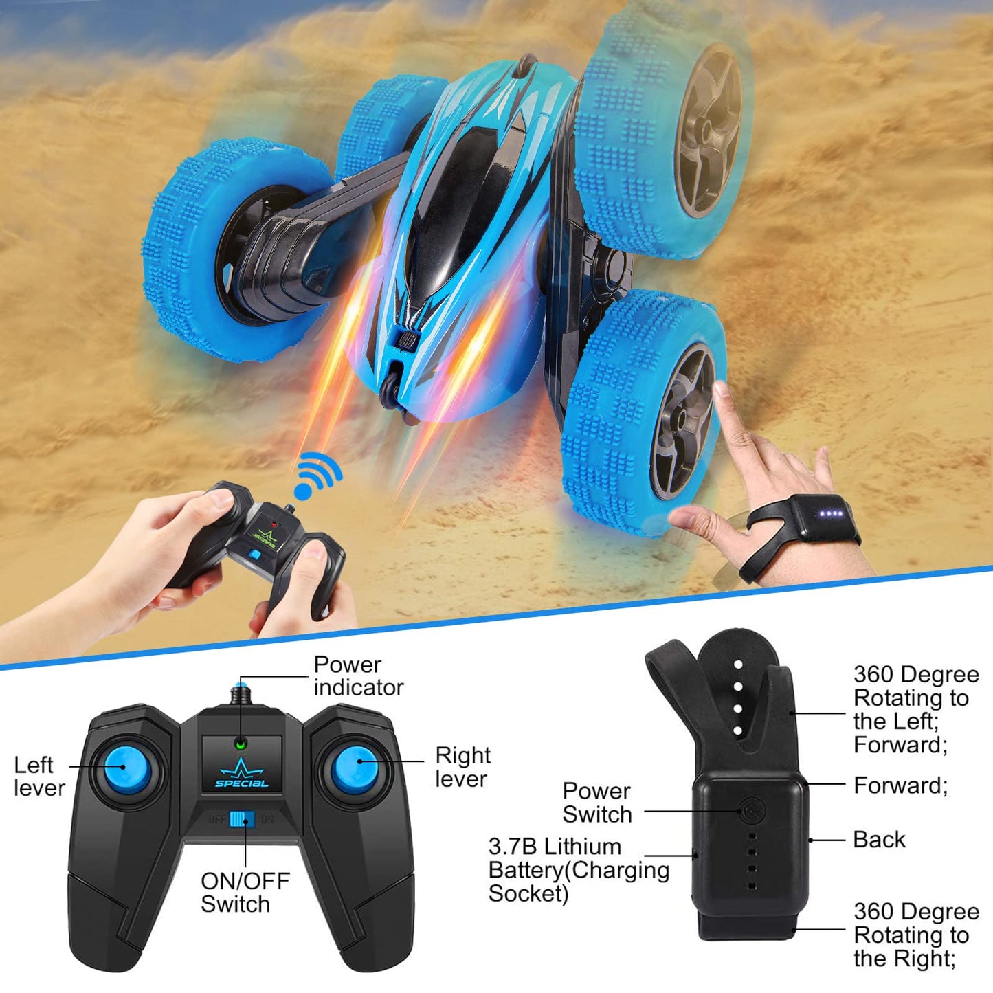 THINKMAX RC Stunt Car Watch Gesture Sensor Car 4WD 360¡ã Rotating Car Blue