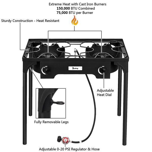 ZOKOP EX72 Double Burner Outdoor Camp Stove Gas Cooker Portable Cast Iron Patio Cooking Burner