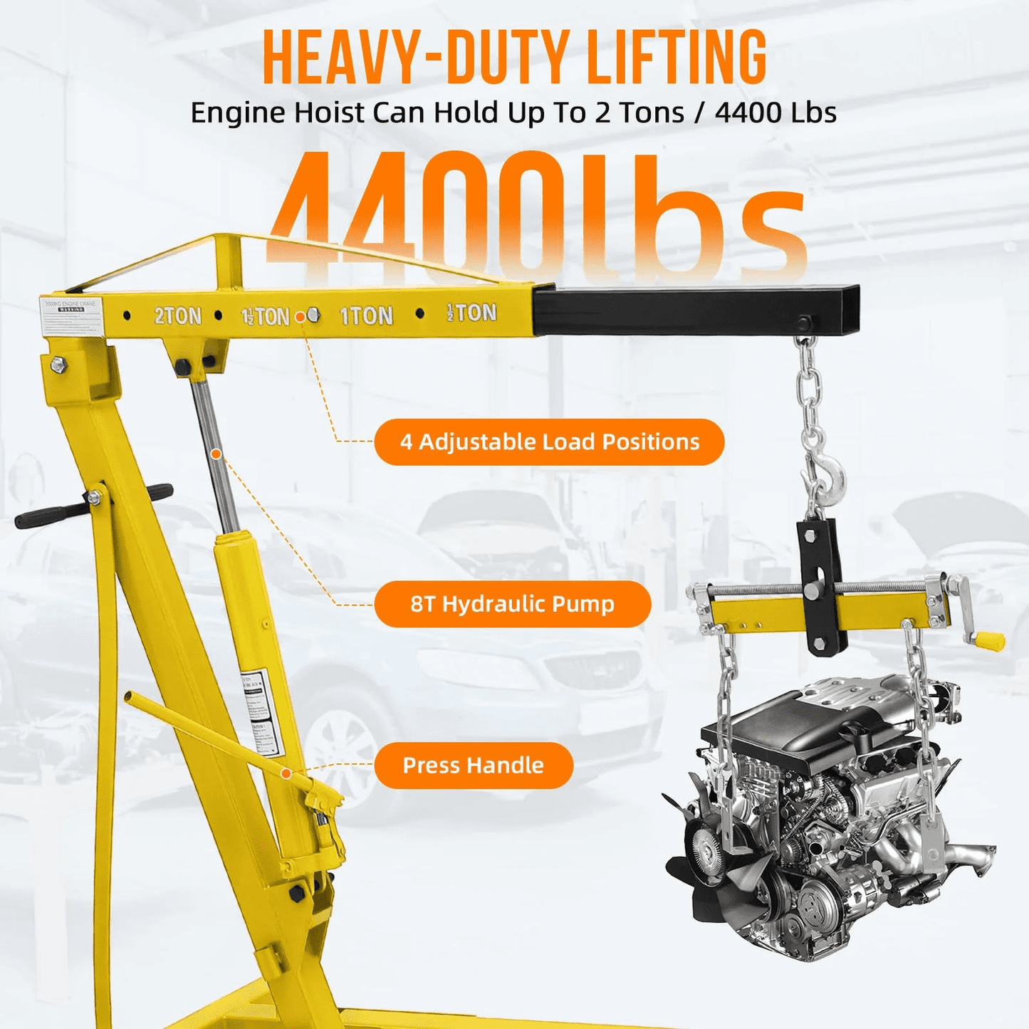 Garvee 2 Ton Folding Engine Hoist with Lever and 6 Casters, Heavy Duty, Yellow