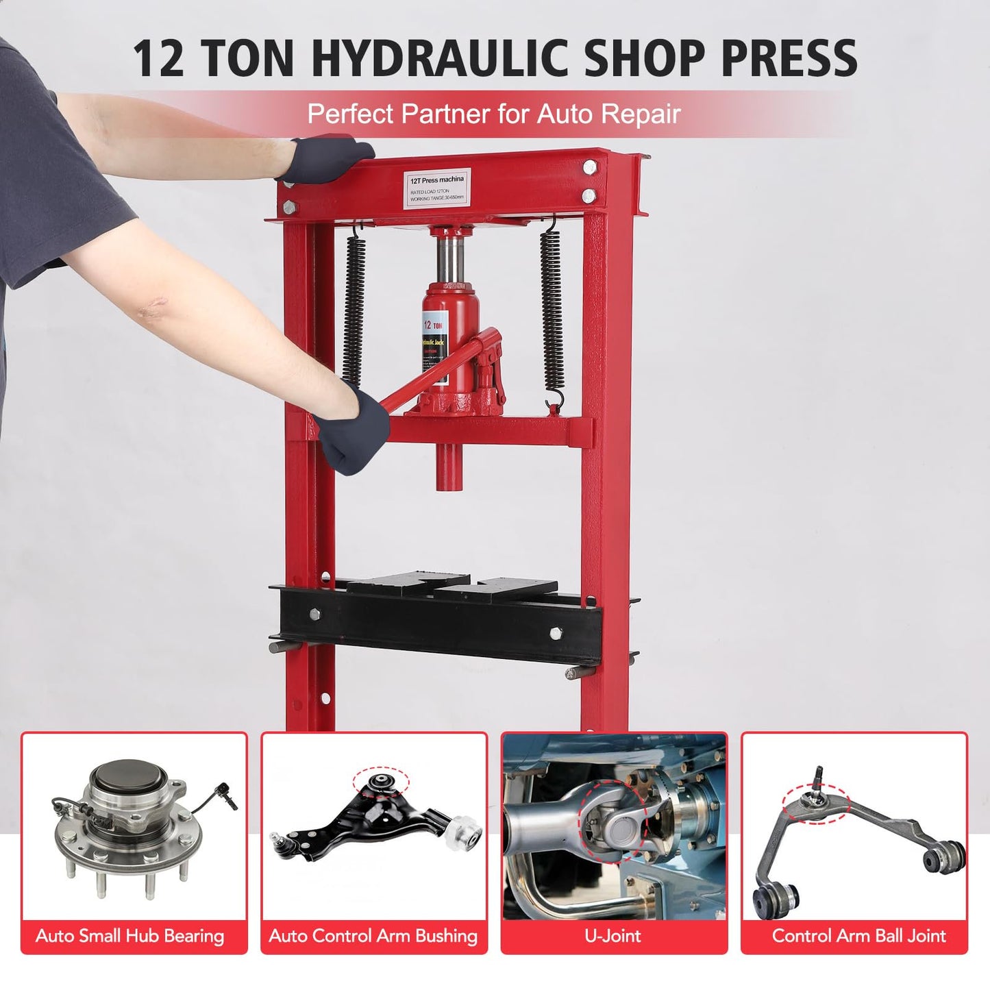 Goldensoil Hydraulic 12 Ton H-Frame Garage Floor Adjustable Shop Press with Plates for Car Repair,Red