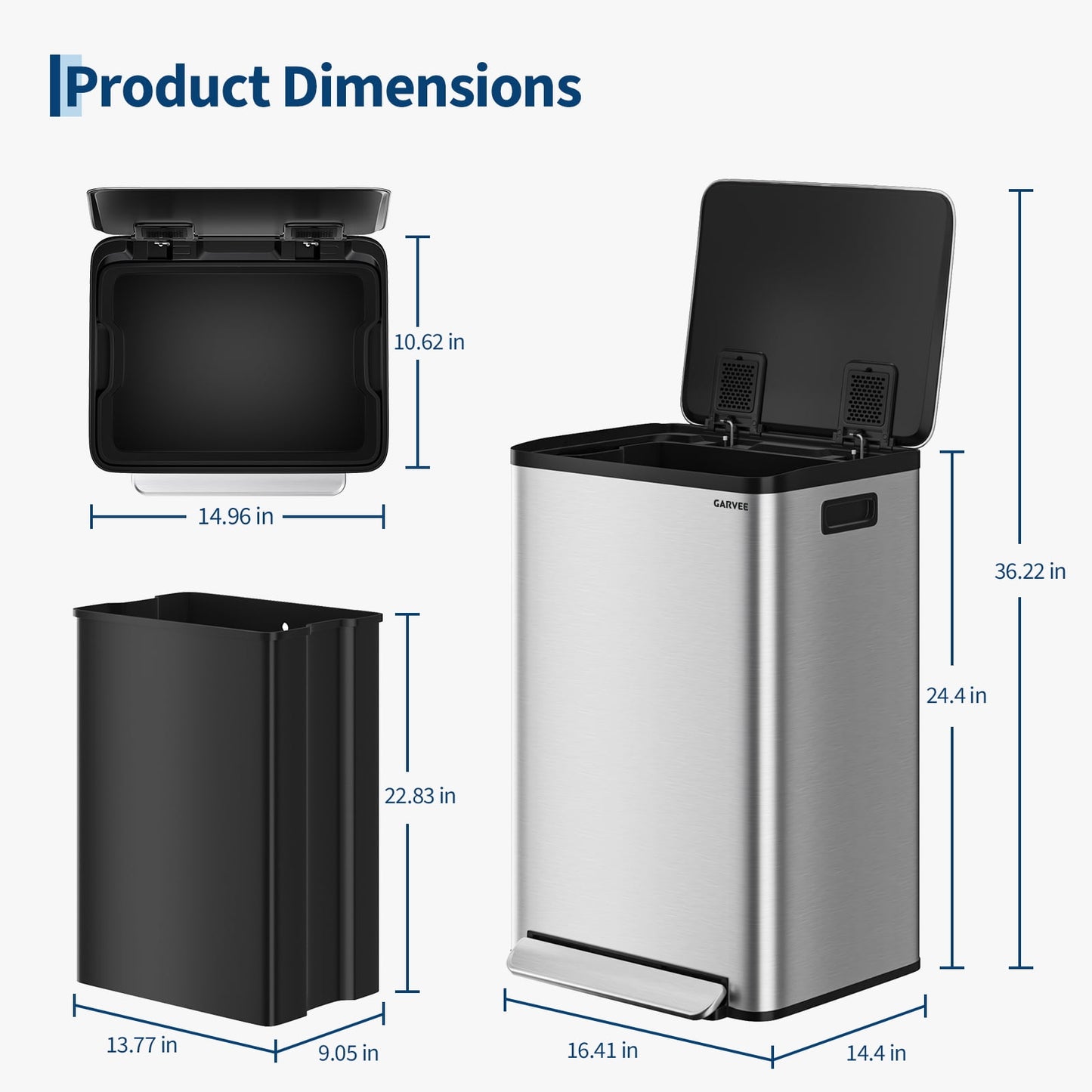 Garvee 13 Gallon Stainless Steel Kitchen Step Trash Can,Soft Close Lid, Fingerprint Resistant