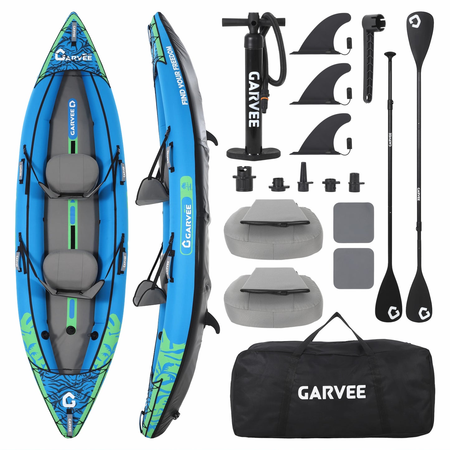 Garvee Inflatable Kayak Set for 2 Person, 144 x 39 x 16”, 450 lb Weight Capacity, Blue