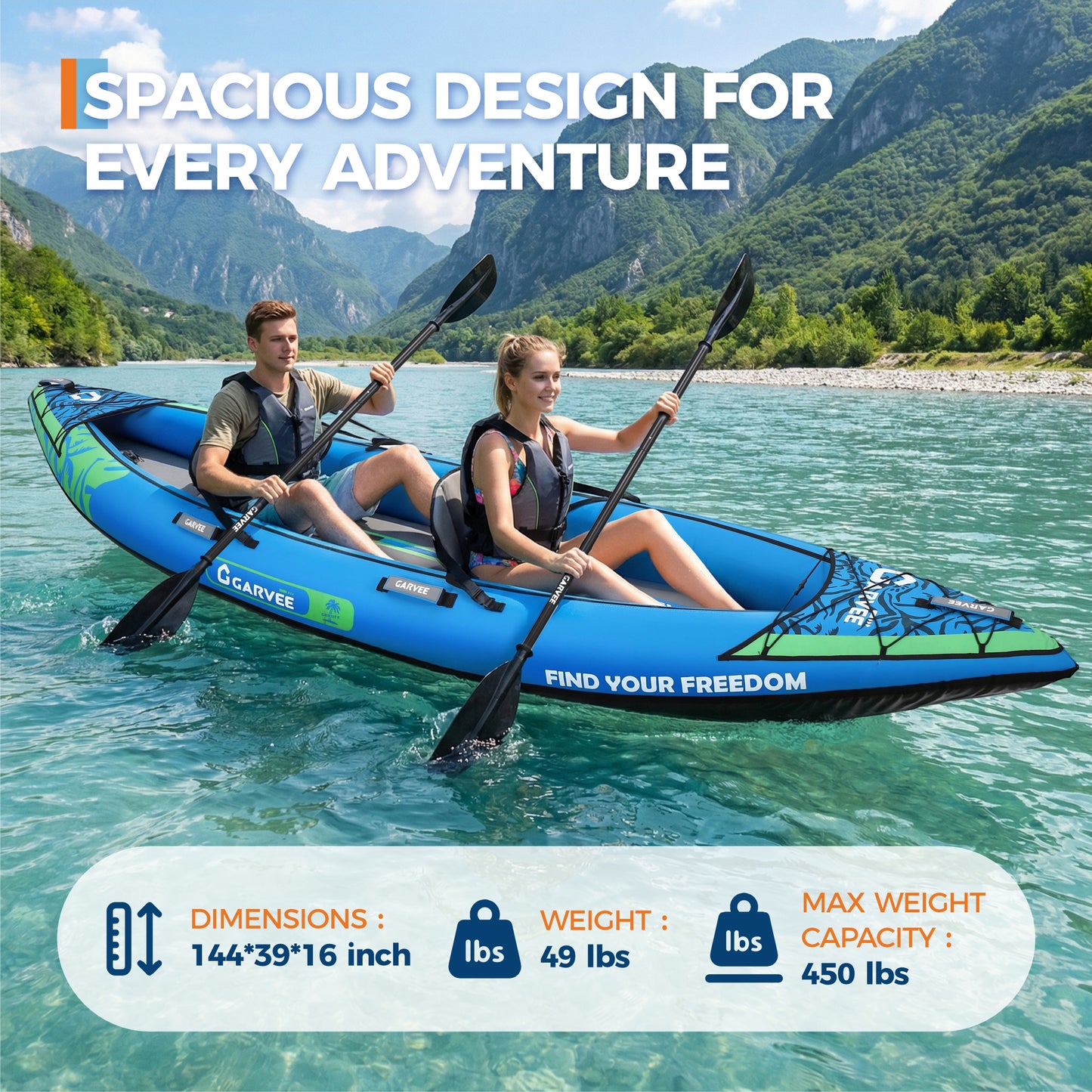 Garvee Inflatable Kayak Set for 2 Person, 144 x 39 x 16”, 450 lb Weight Capacity, Blue