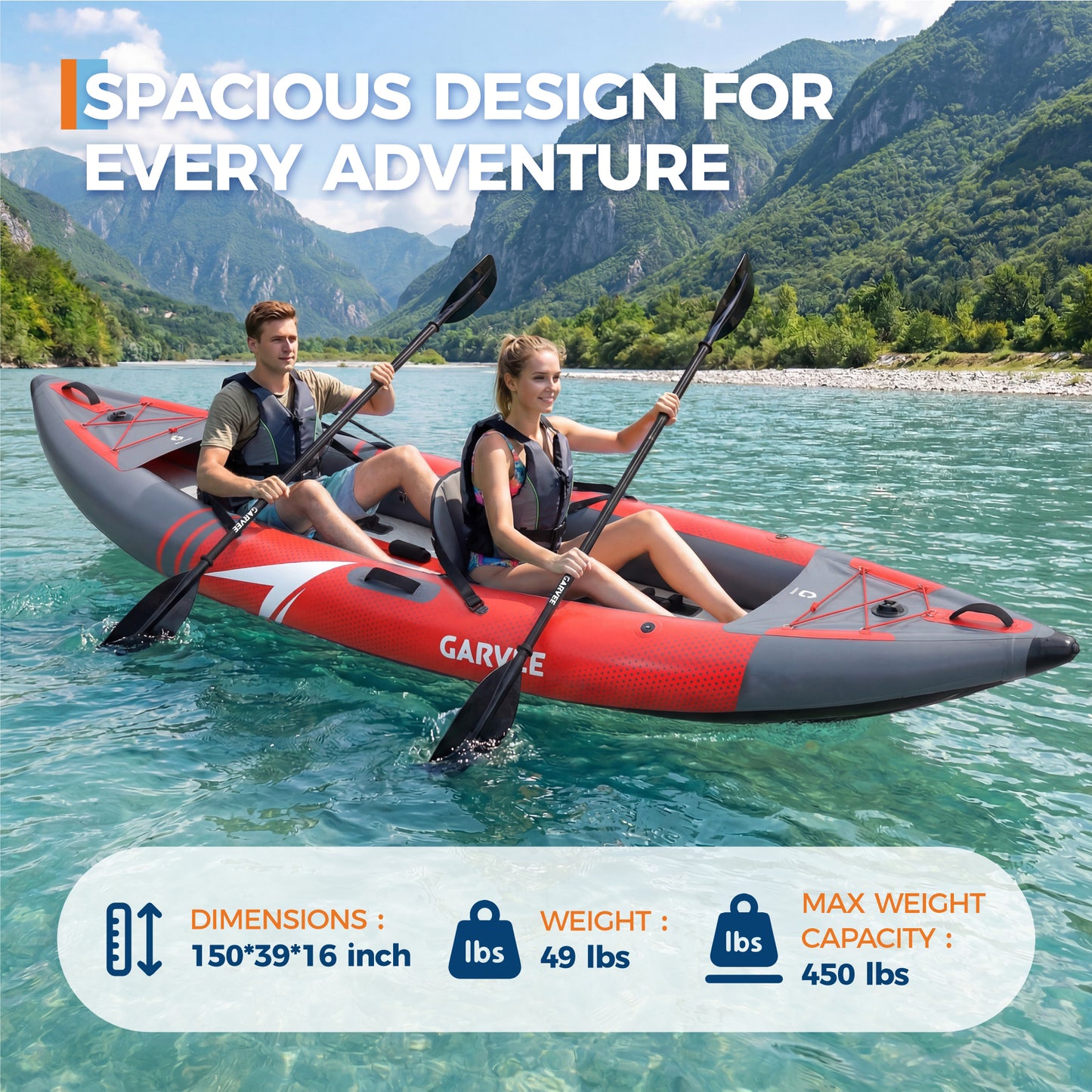 Garvee 2 Person Inflatable Kayak Set, 150 x 39 x 16”, 450 lb Weight Capacity, Red