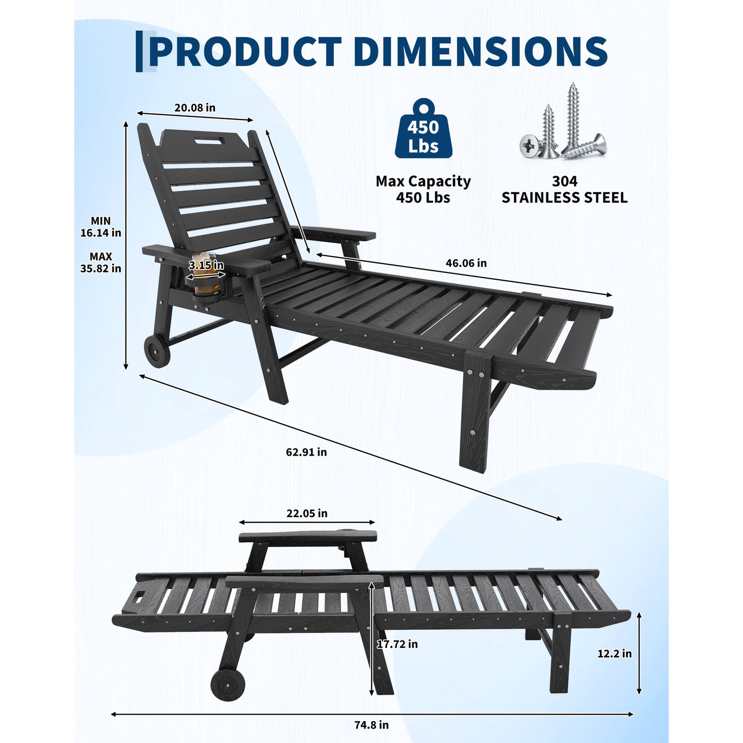 Garvee Outdoor Chaise Lounge 5 Position Adjustable with Rolling Wheels and Cup Holder