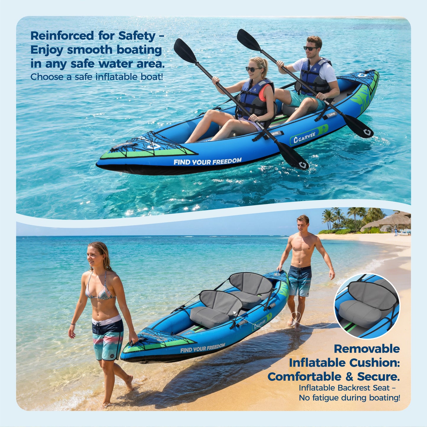 Garvee Inflatable Kayak Set for 2 Person, 144 x 39 x 16”, 450 lb Weight Capacity, Blue