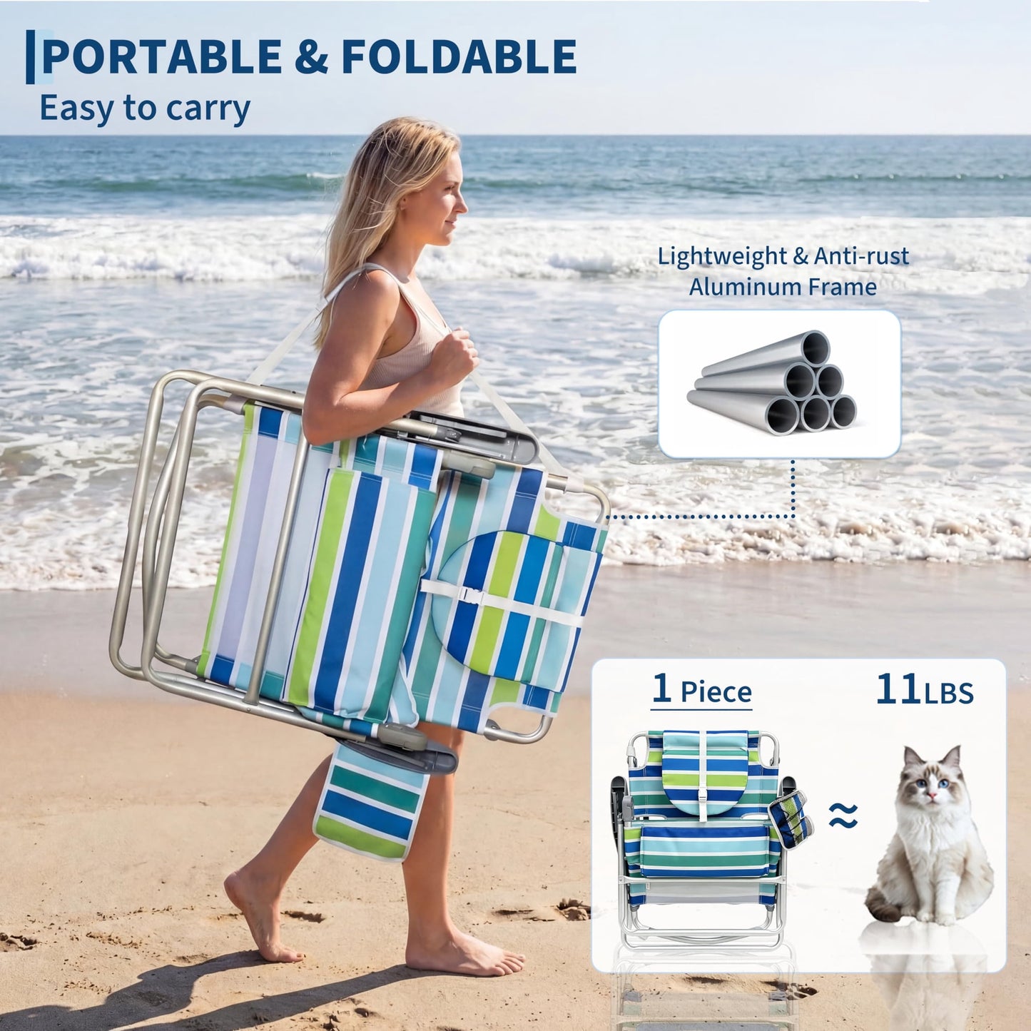 Garvee Folding Beach Reclining Lounge Chair with Footrest, Face Hole,Storage Pocket,Headrest