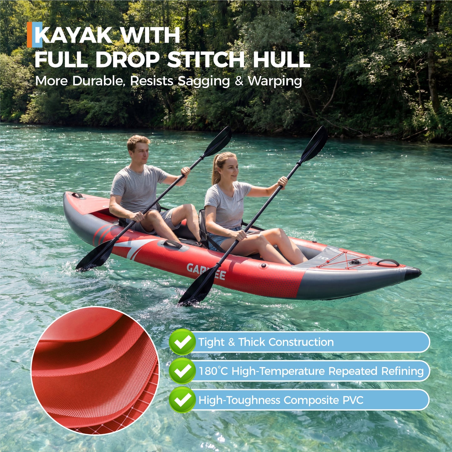 Garvee 2 Person Inflatable Kayak Set, 150 x 39 x 16”, 450 lb Weight Capacity, Red