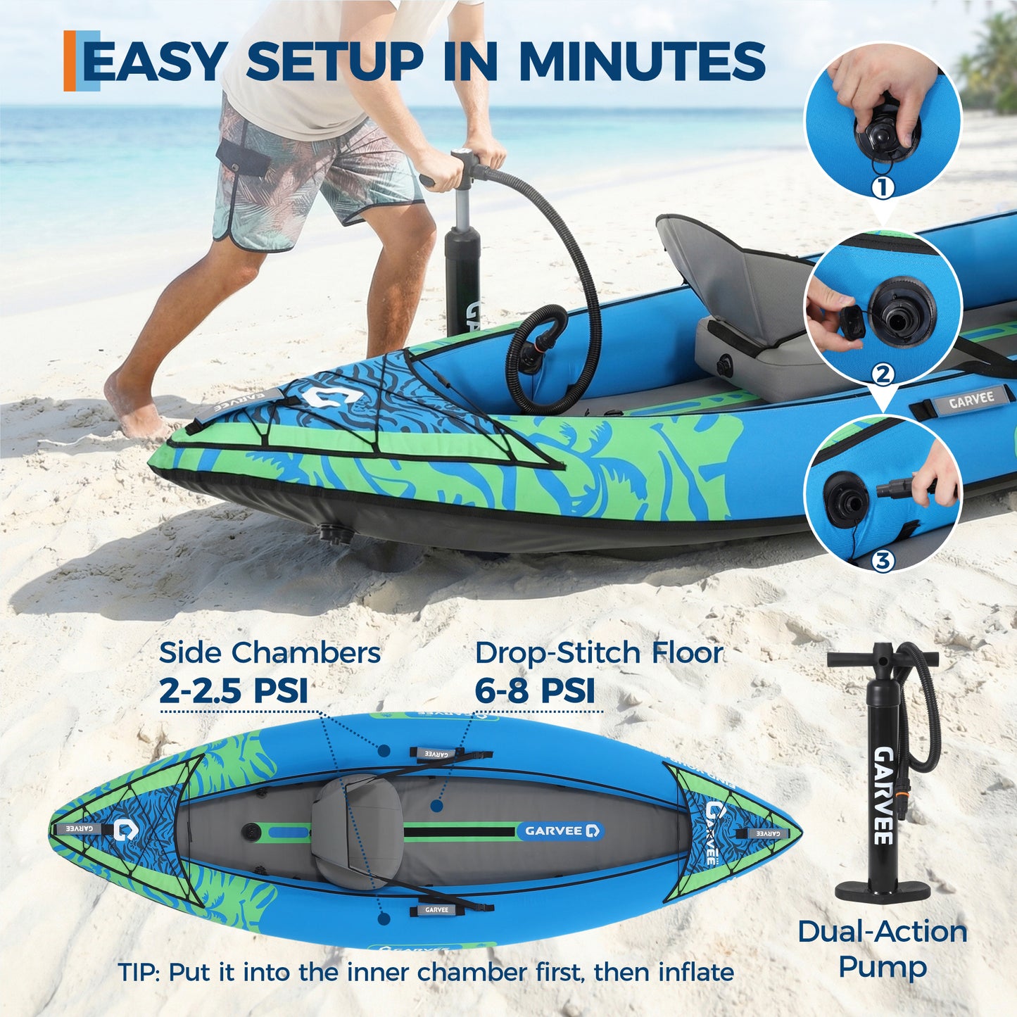 Garvee Inflatable Kayak Set for 1 Person, 118 x 36 x 16", Blue