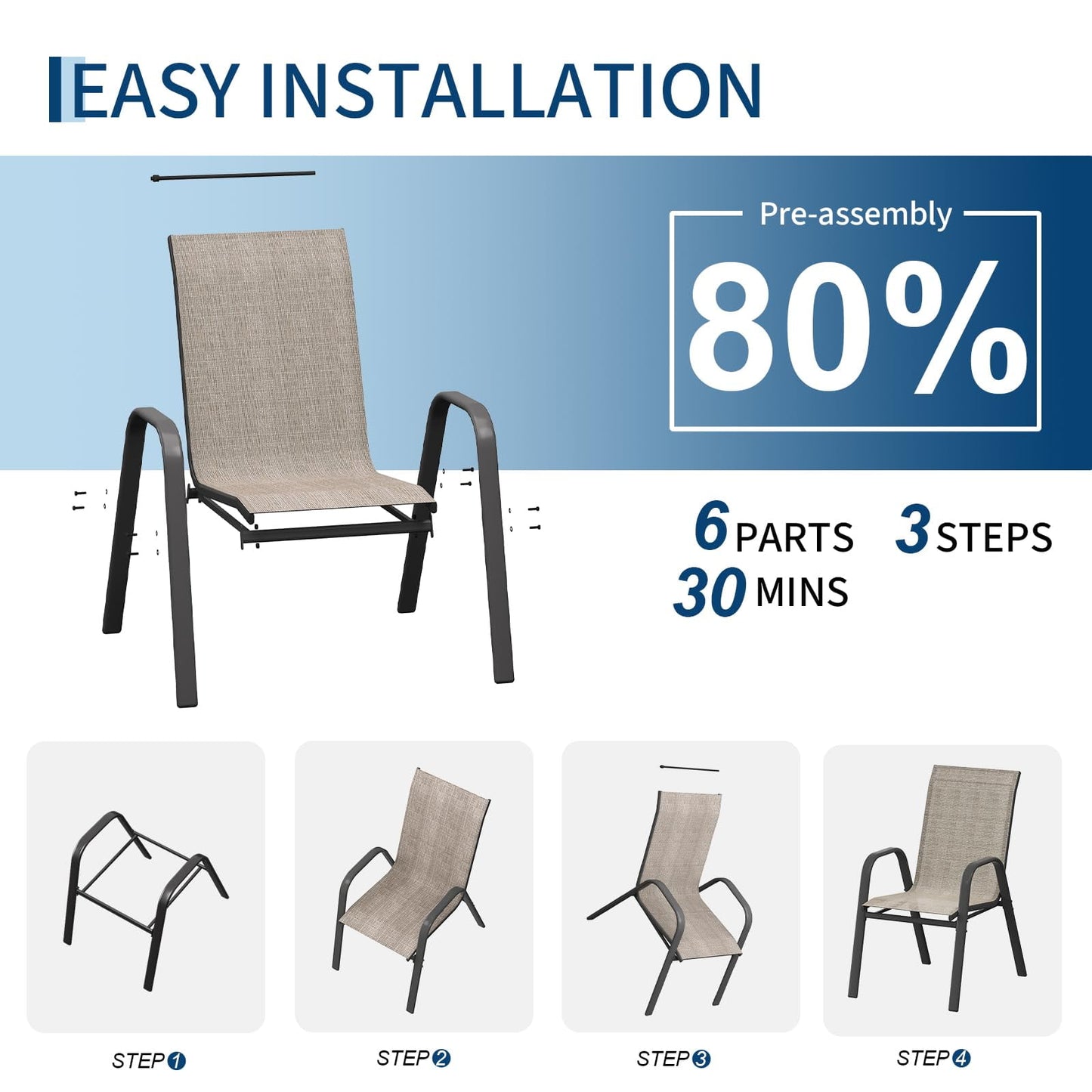 Garvee Stackable Patio Dining Chairs Set of 4, Metal and Textilene for Lawn Poolside