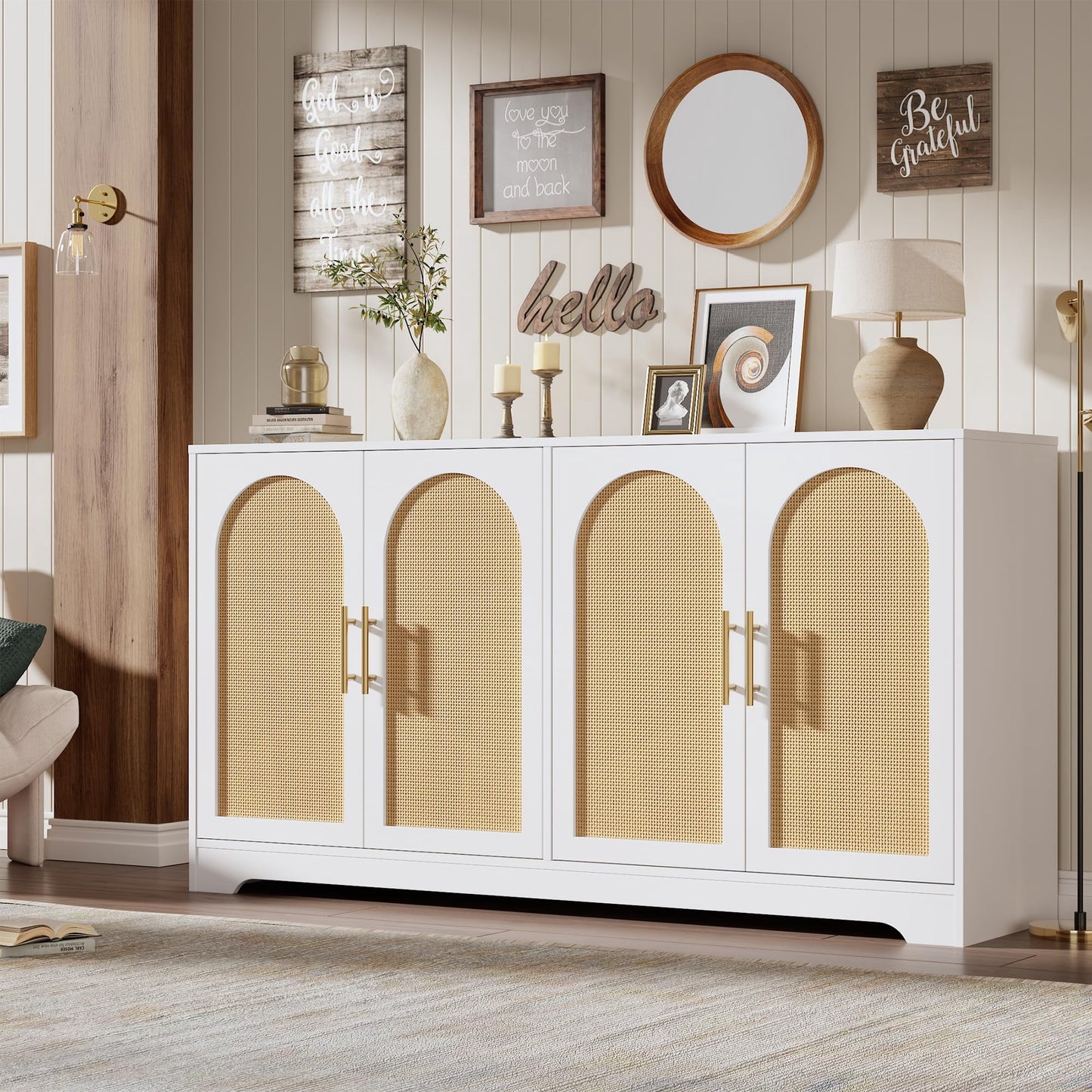 Goldensoil Storage Console Table,Sideboard Buffet Cabinet with 4 Rattan Doors, 59"x15.6"x31.5"