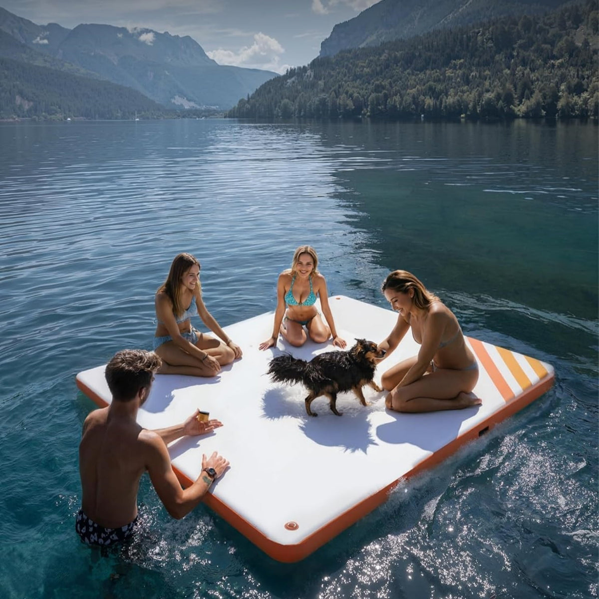 Garvee Inflatable Floating Dock 8 ft x 6 ft, 5.9 inch Thickness None-Slip PVC Surface, Orange & White