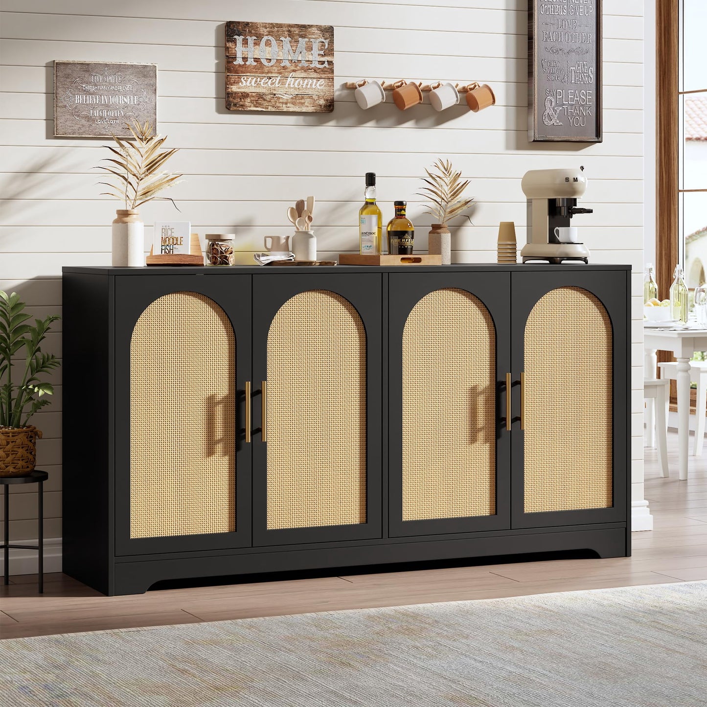 Goldensoil Storage Console Table,Sideboard Buffet Cabinet with 4 Rattan Doors, 59"x15.6"x31.5"