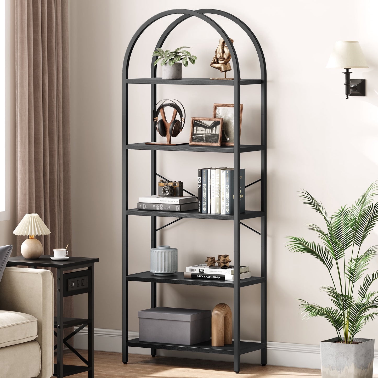 Goldensoil 5 Tier Bookcase, Arched Display Rack, Metal Frame, Modern Storage Rack Shelf, Black
