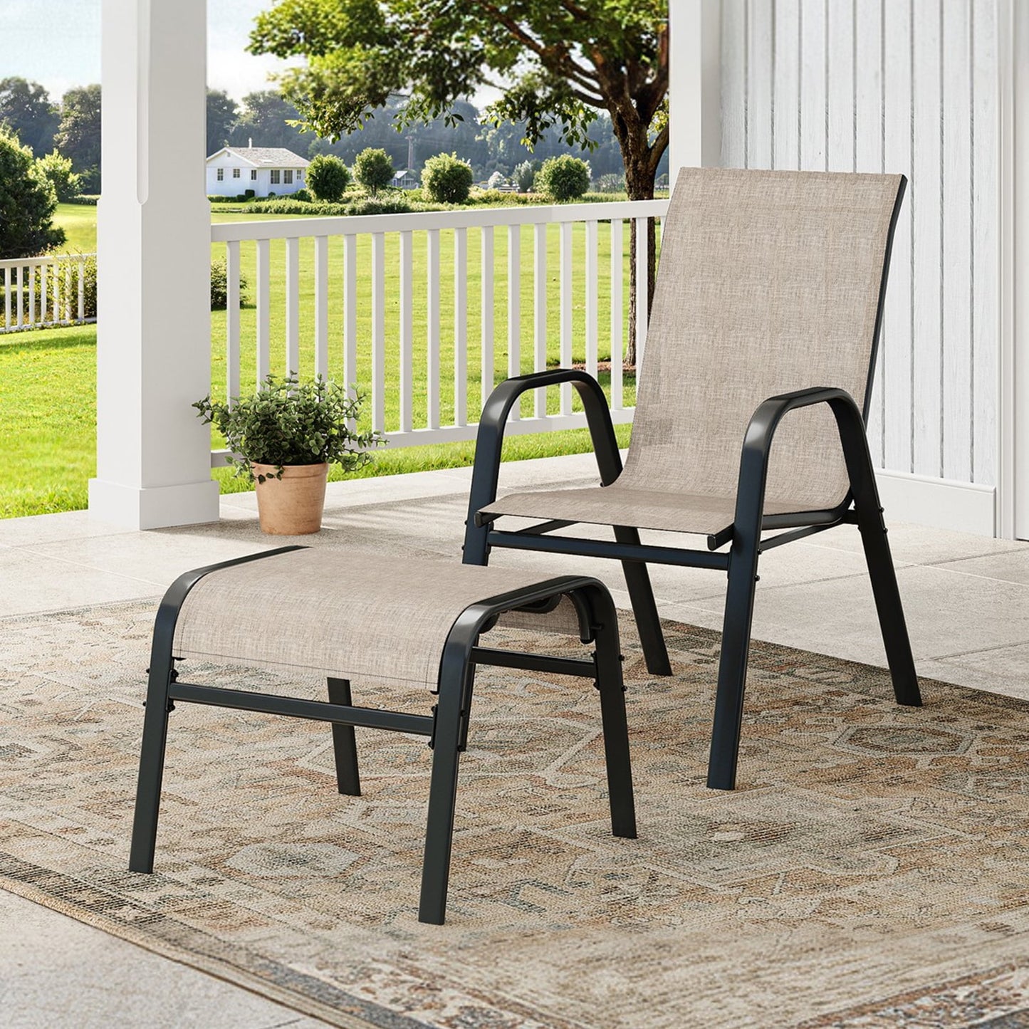 Garvee Stackable Outdoor Ottomans Set of 2,All-Weather Textilene Foot Stool with Metal Frame