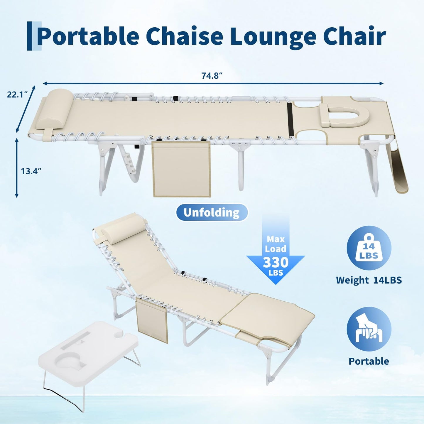 Garvee Sun Tanning Chair, Folding Chaise Lounge Chairs with Table