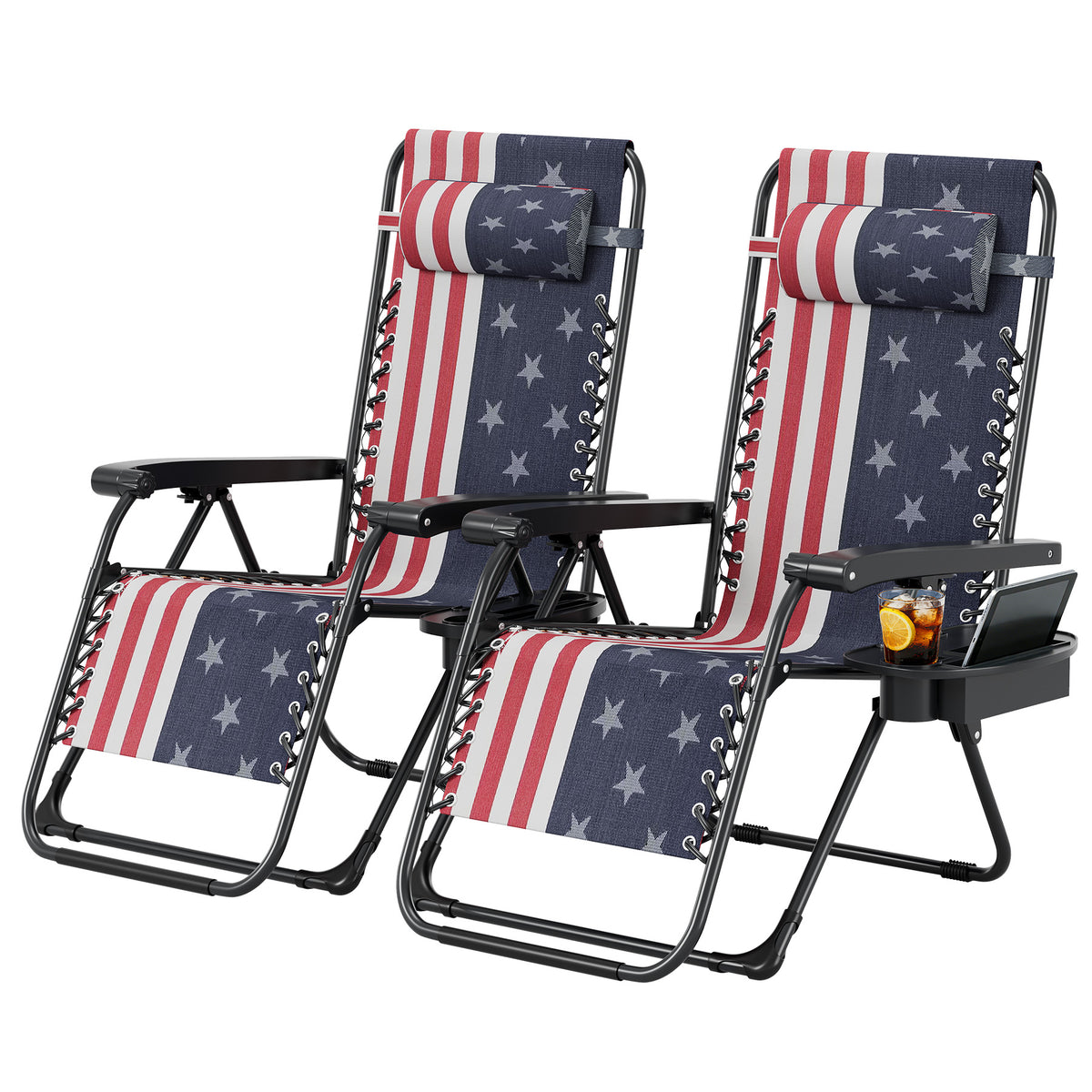 Riedhoff Weather-Resistant Zero-Gravity Chairs with Pillows & Cup Holder Trays -Set of 2, American Flag