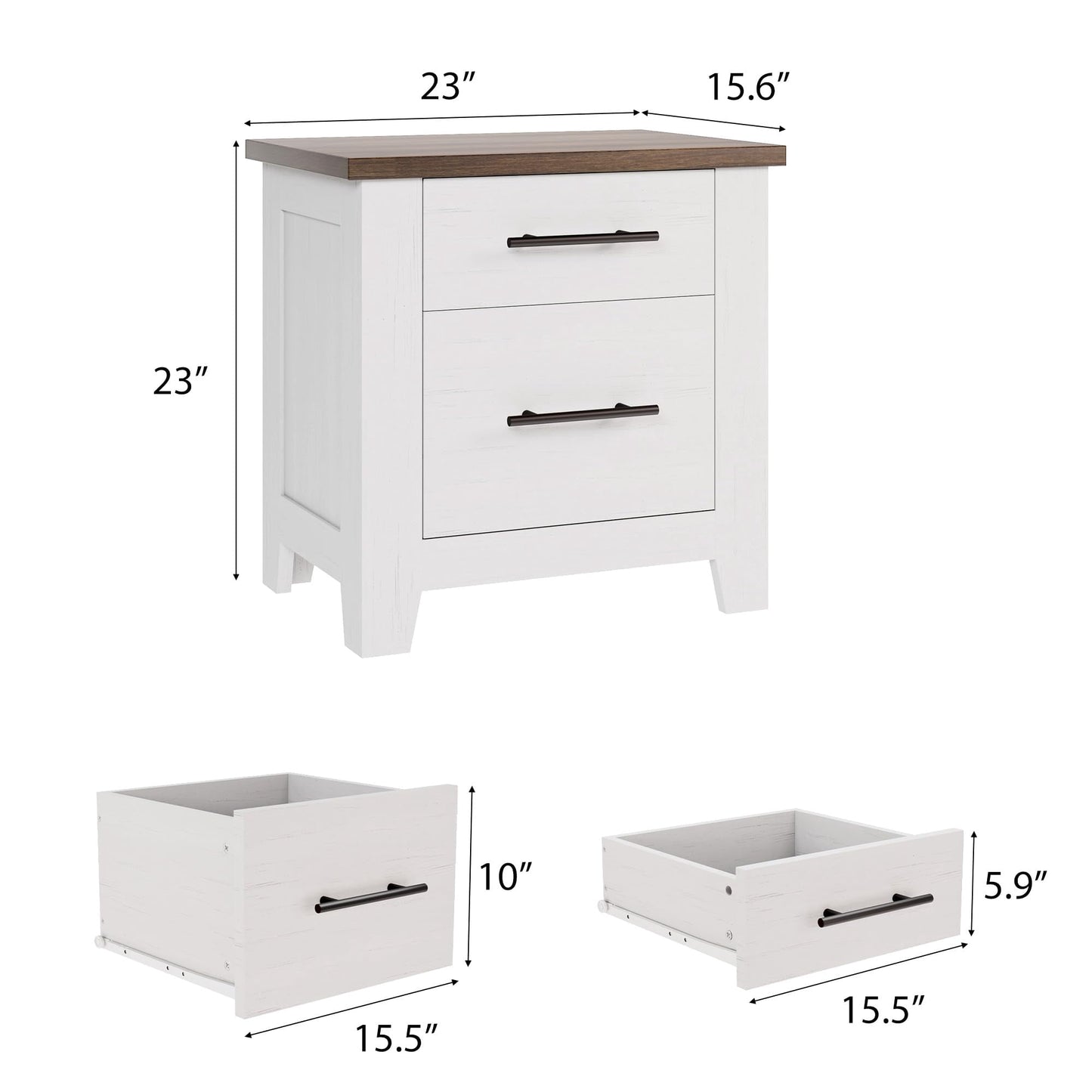 Garvee Nightstand with 2 Drawers, Farmhouse Night Stand with Brown Tabletop, 23" x 15.6"x 23", White