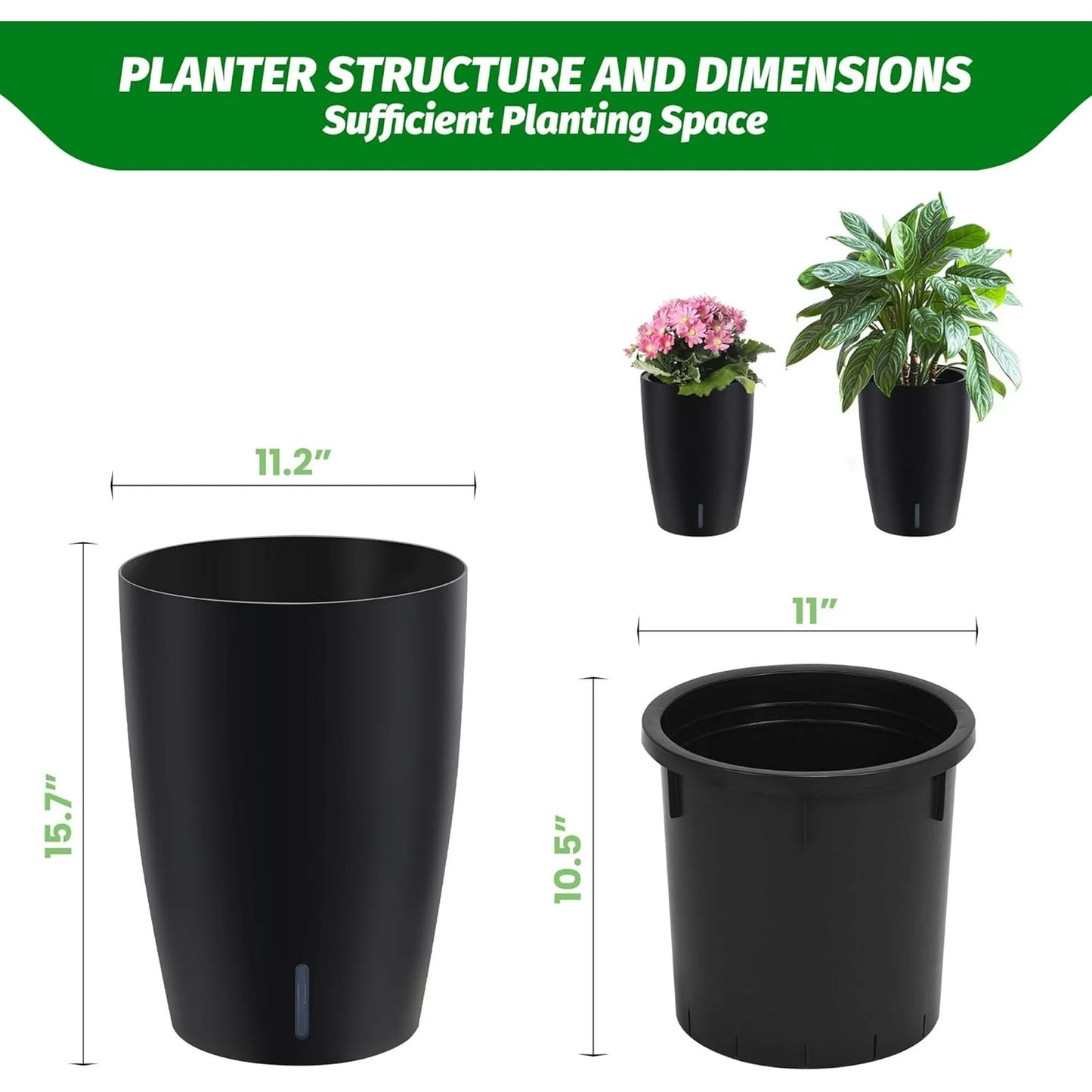 Riedhoff 15.7" Tall Round Planter Pots, Built-In Drainage, Self-Watering, 2 Count