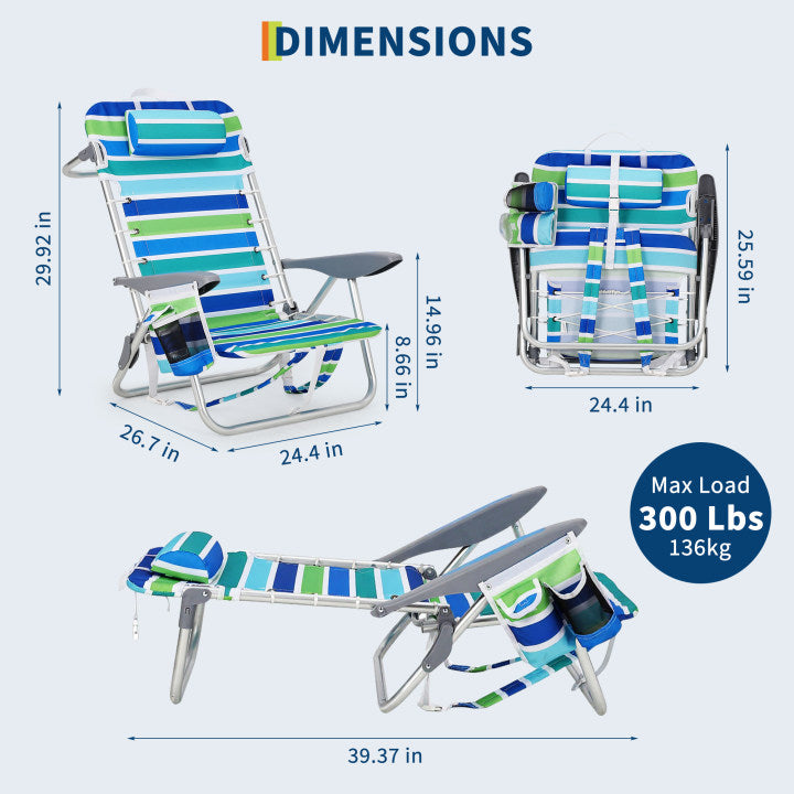 GARVEE Backpack Beach Chair, Cup Holders & Headrest, Set of 2, 24.4 x 25.2 x 29.92",Ocean Striped