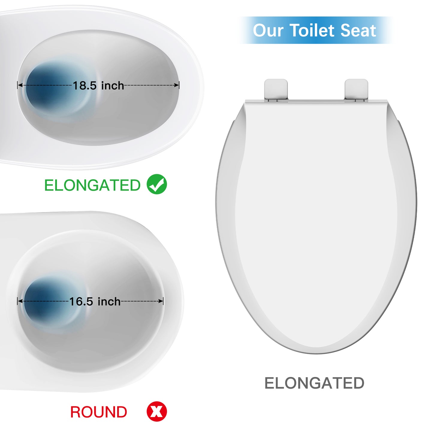 Garvee 19" Elongated Toilet Seat, Slow Soft Close, Easy to Install and Clean, Never Loosens, White