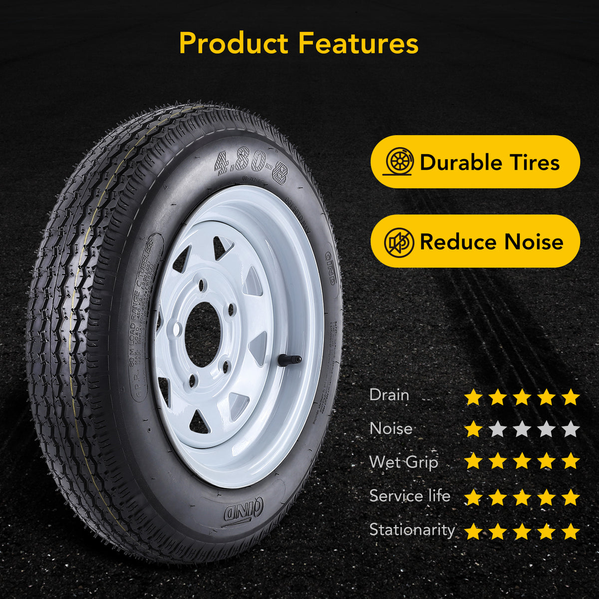 Riedhoff Trailer Tires Rims 4.80/4.00-8, 4 Lug Rims, Load Range C, 6 PR, 2 Pack, Black