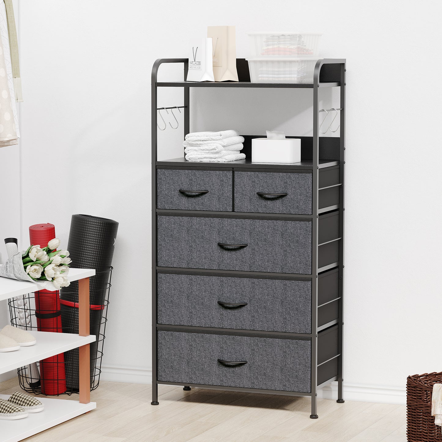 Garvee 5 Drawer Dresser for Bedroom, Wood Top, with Storage Organizer Fabric Bins