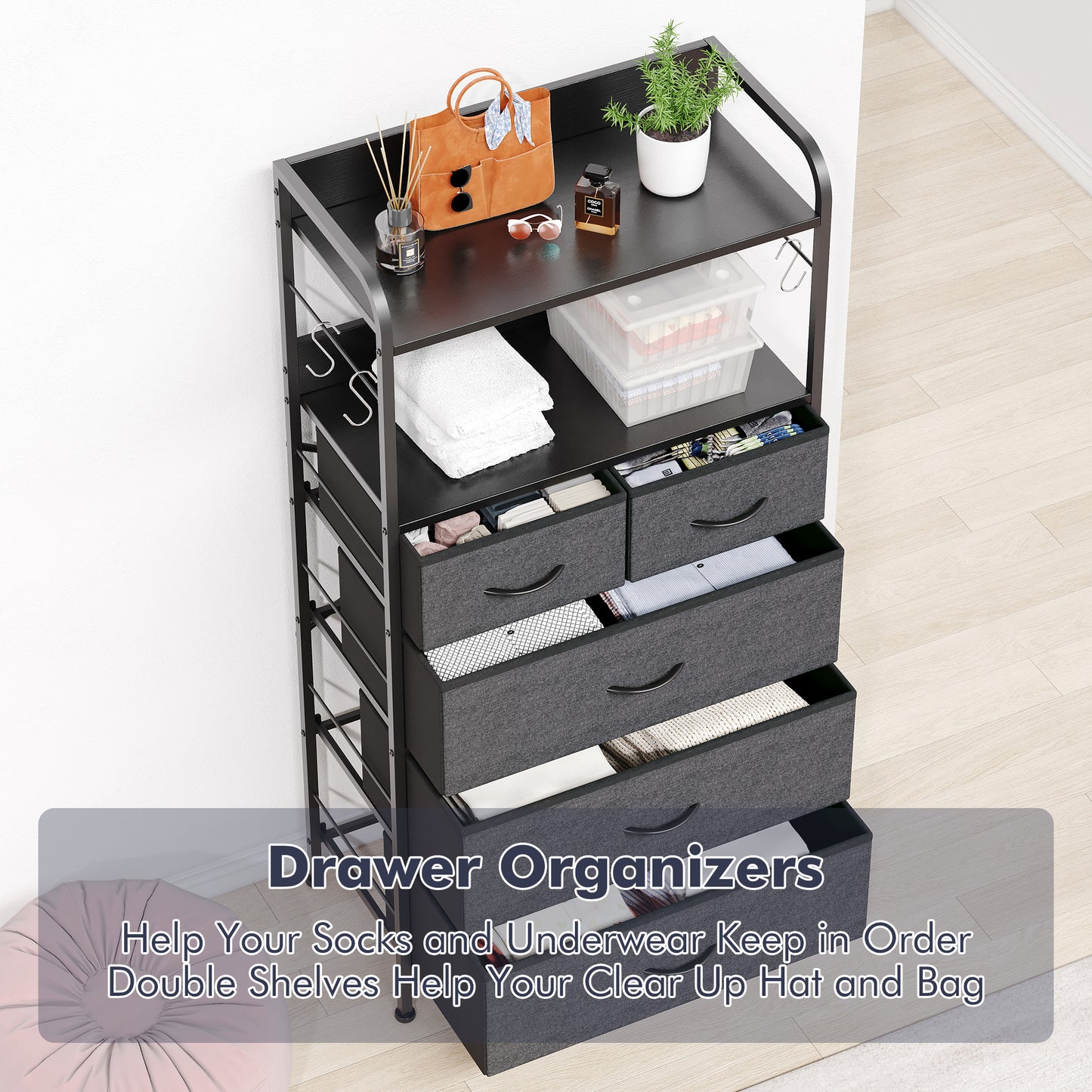Garvee 5 Drawer Dresser for Bedroom, Wood Top, with Storage Organizer Fabric Bins