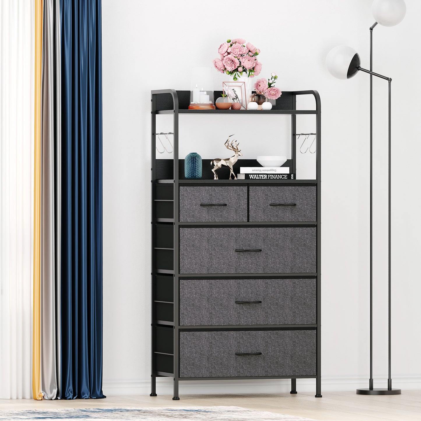 Garvee 5 Drawer Dresser for Bedroom, Wood Top, with Storage Organizer Fabric Bins