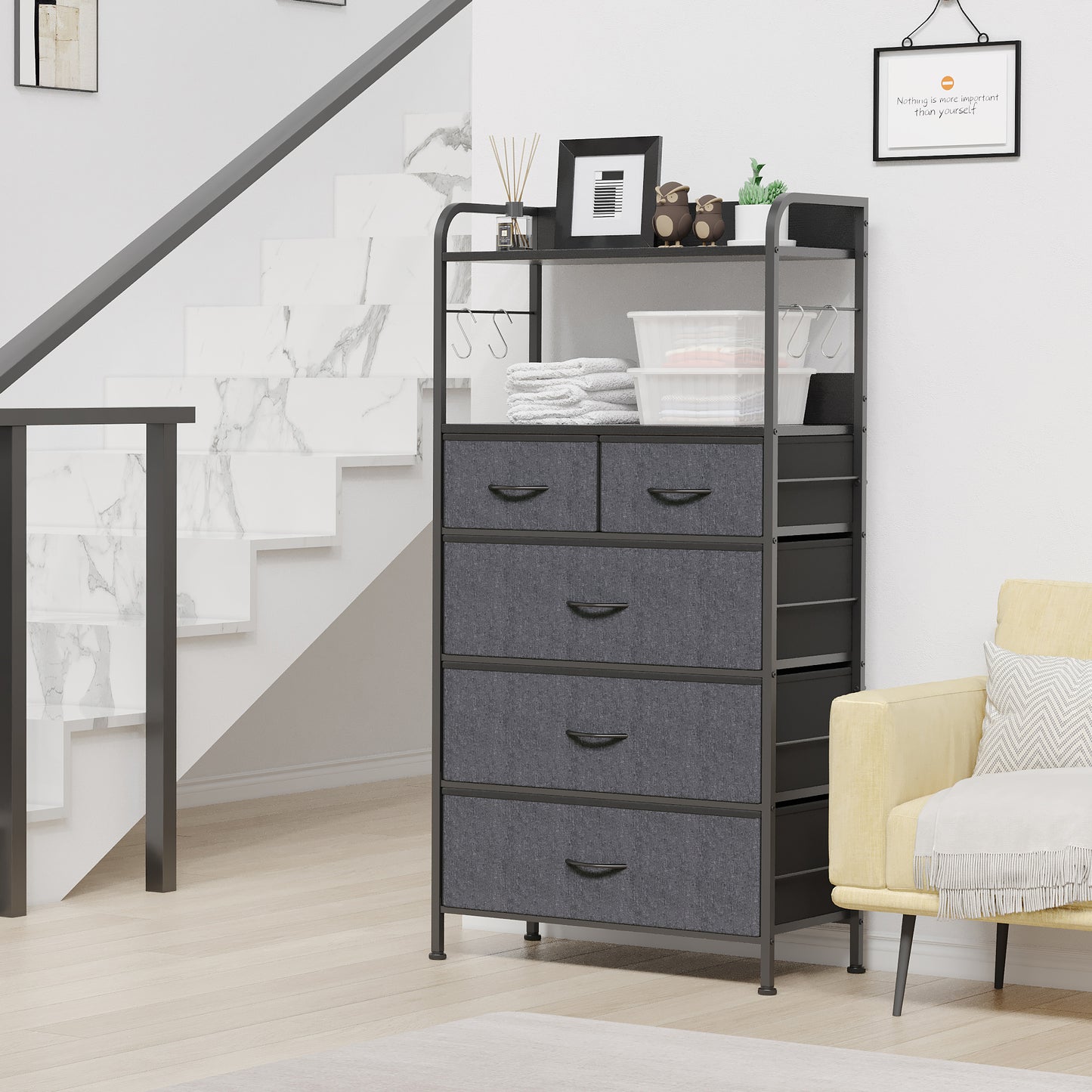 Garvee 5 Drawer Dresser for Bedroom, Wood Top, with Storage Organizer Fabric Bins