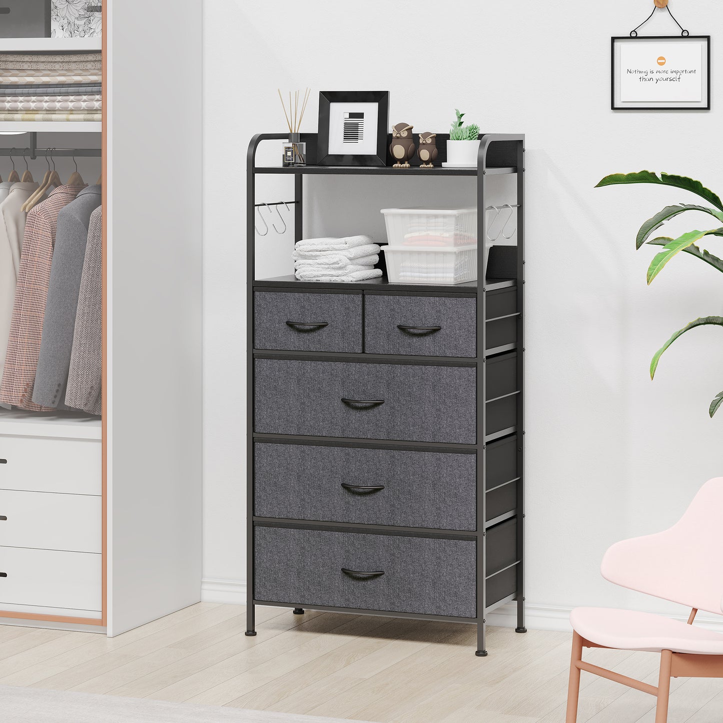 Garvee 5 Drawer Dresser for Bedroom, Wood Top, with Storage Organizer Fabric Bins