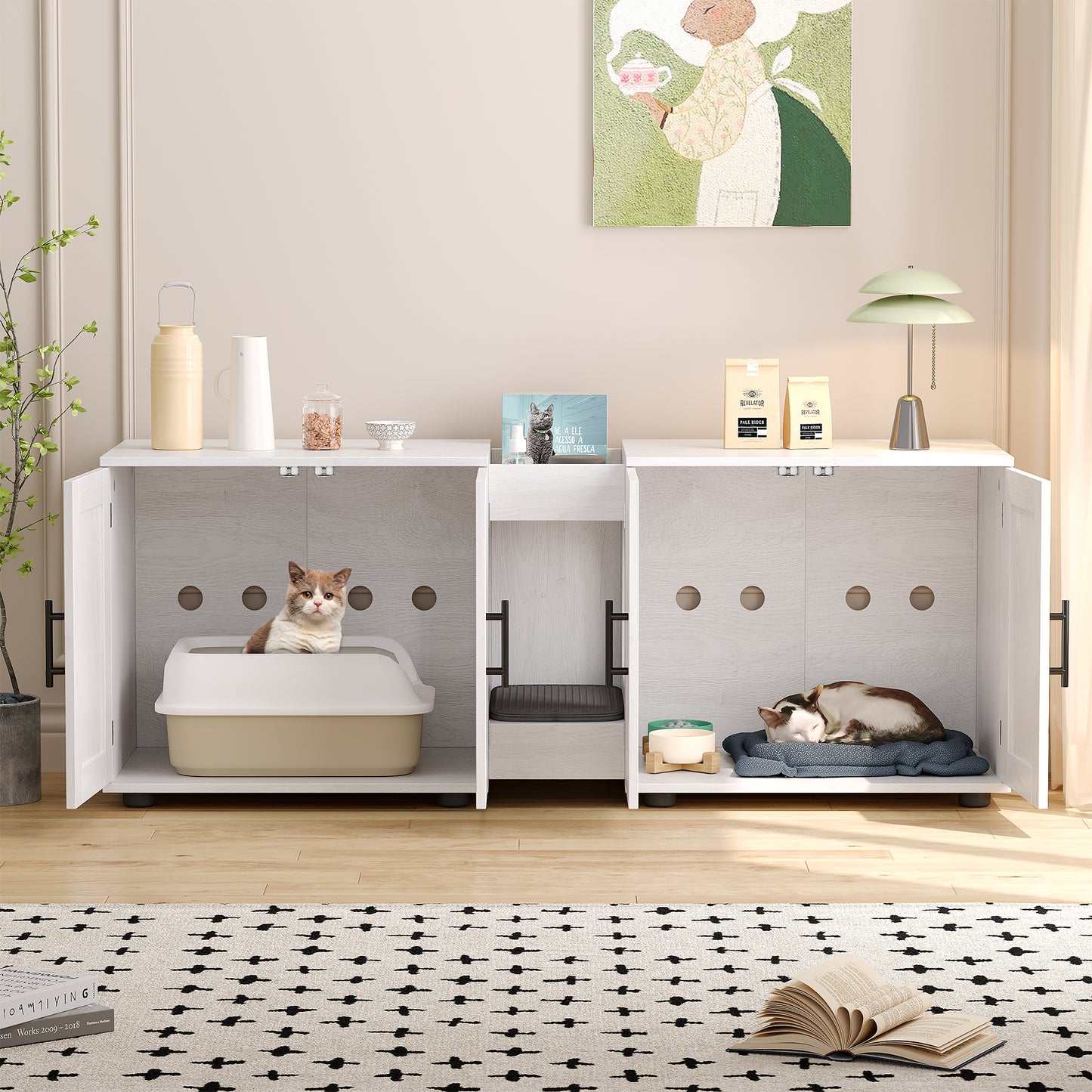 Garvee Litter Box, Enclosure with Double Room, for 2 Cats, 55 x 17.7x 22.5"