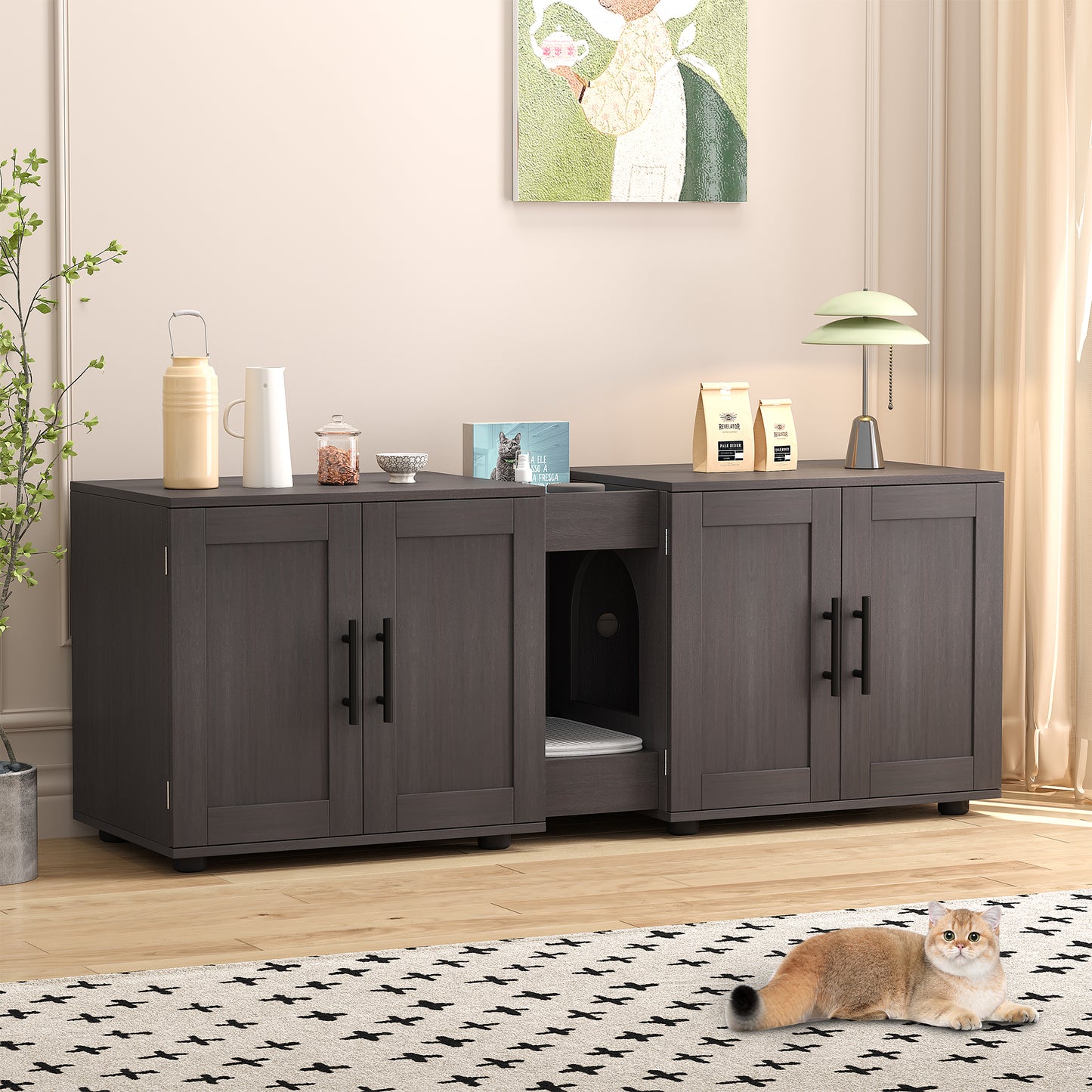 Garvee Litter Box, Enclosure with Double Room, for 2 Cats, 55 x 17.7x 22.5"