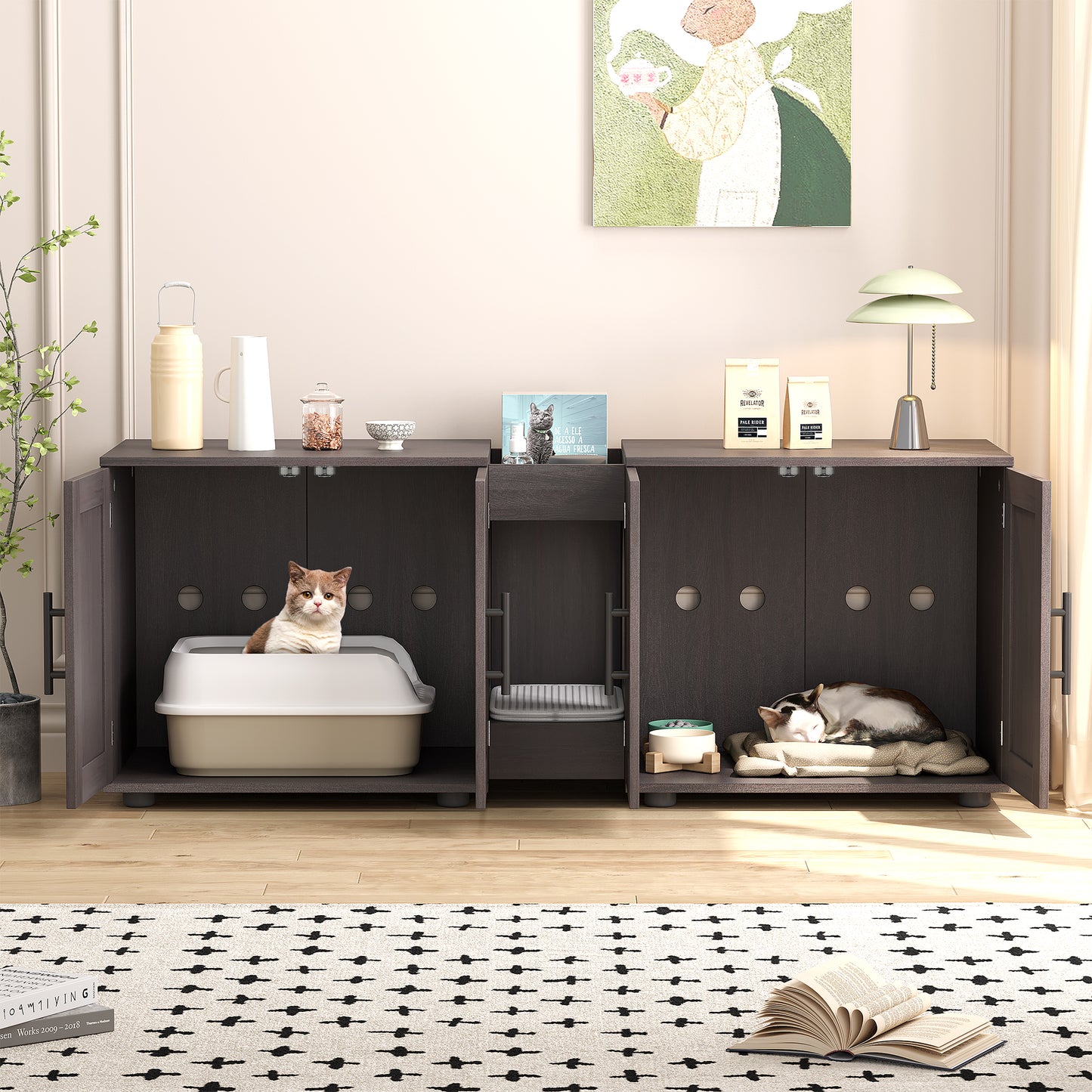 Garvee Litter Box, Enclosure with Double Room, for 2 Cats, 55 x 17.7x 22.5"