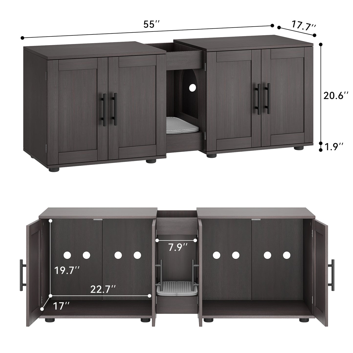 Garvee Litter Box, Enclosure with Double Room, for 2 Cats, 55 x 17.7x 22.5"