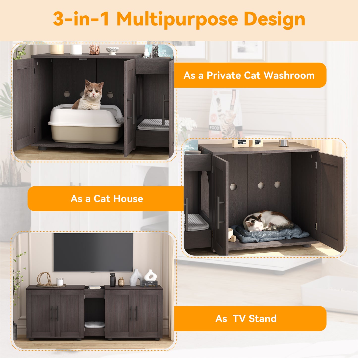 Garvee Litter Box, Enclosure with Double Room, for 2 Cats, 55 x 17.7x 22.5"