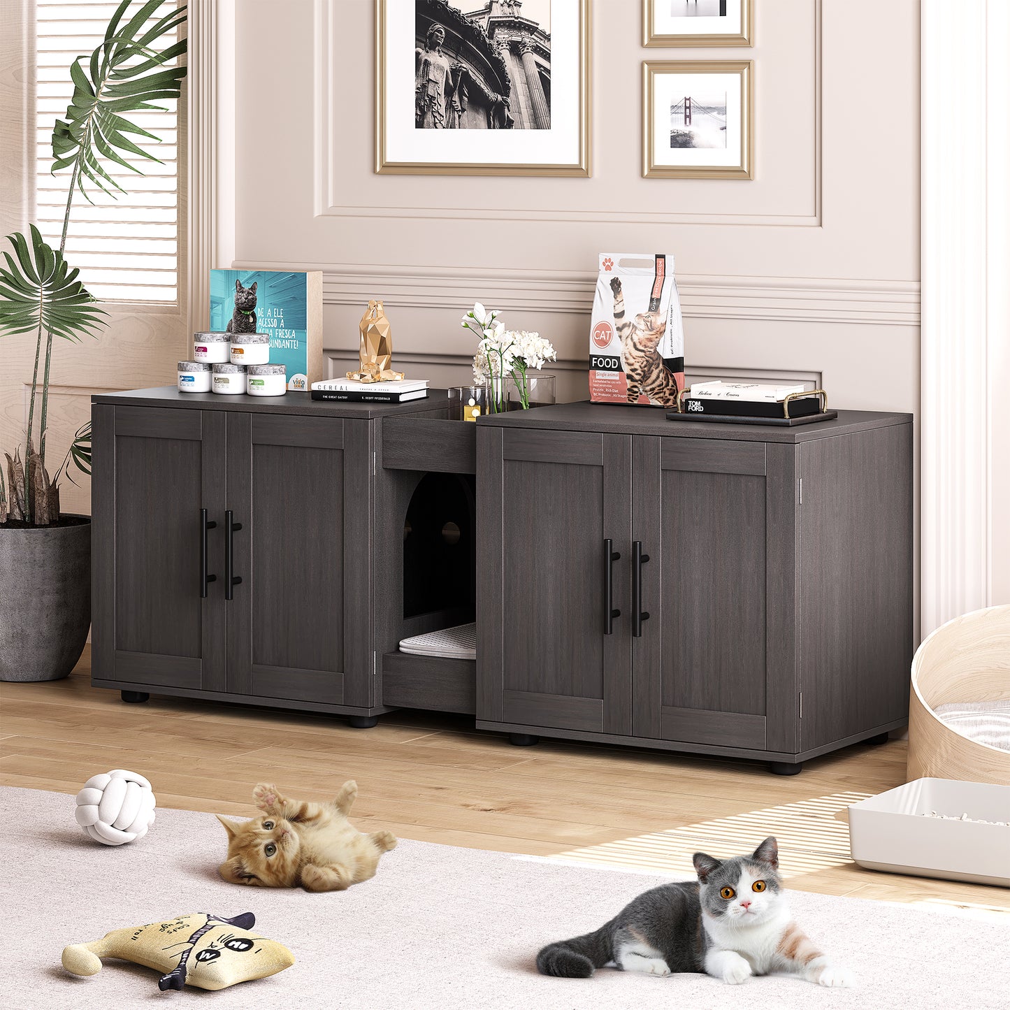 Garvee Litter Box, Enclosure with Double Room, for 2 Cats, 55 x 17.7x 22.5"