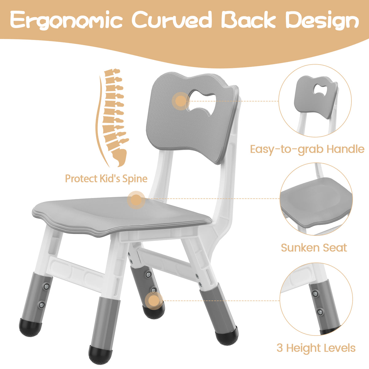 Garvee Plastic Toddler Chair Set of 2, 3 Level Adjustable Heights,  for Age 2-6