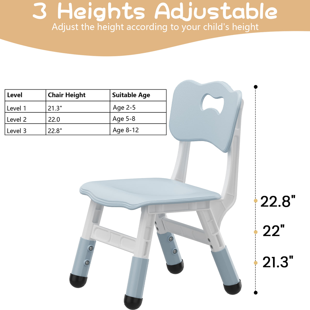 Garvee Plastic Toddler Chair Set of 2, 3 Level Adjustable Heights,  for Age 2-6
