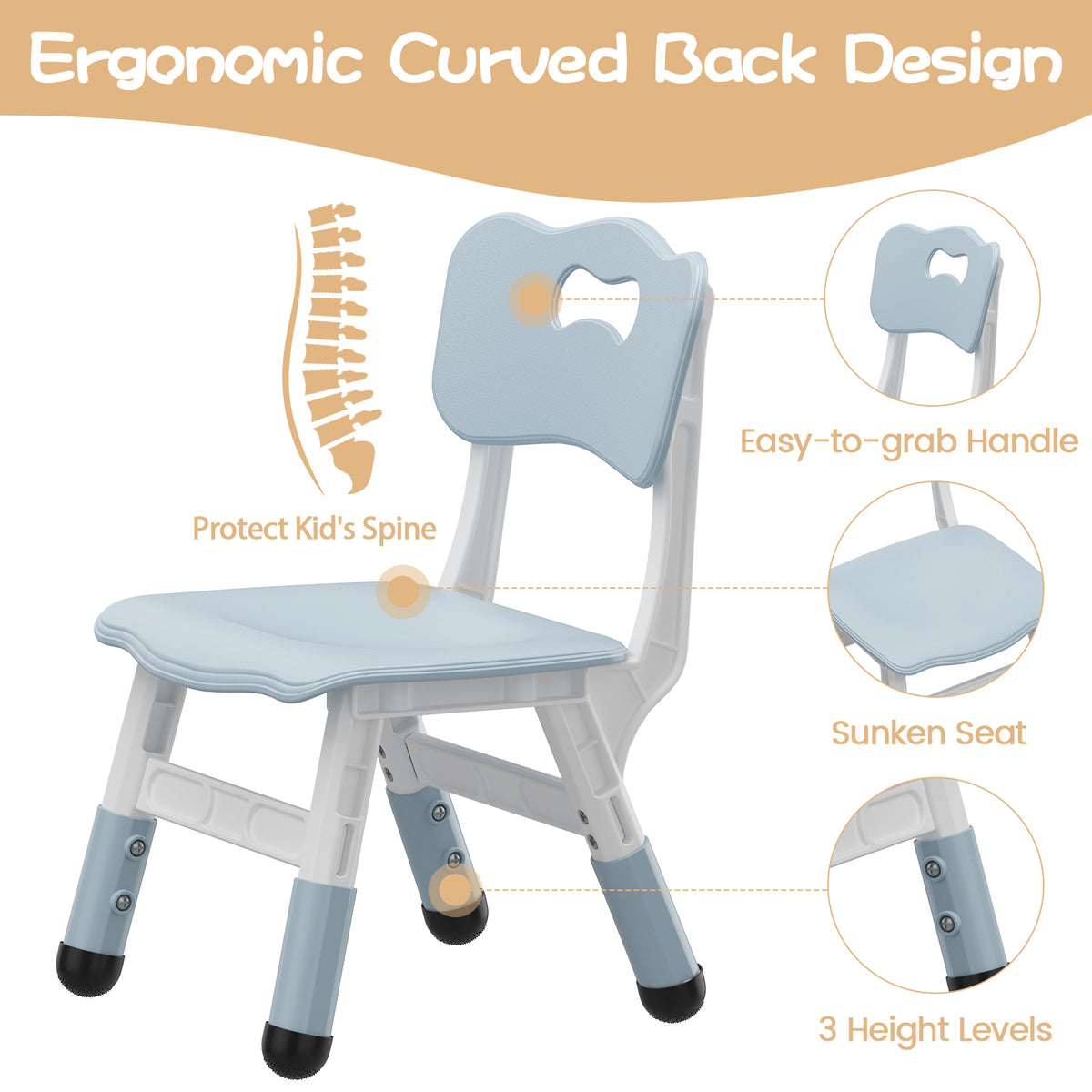 Garvee Plastic Toddler Chair Set of 2, 3 Level Adjustable Heights,  for Age 2-6