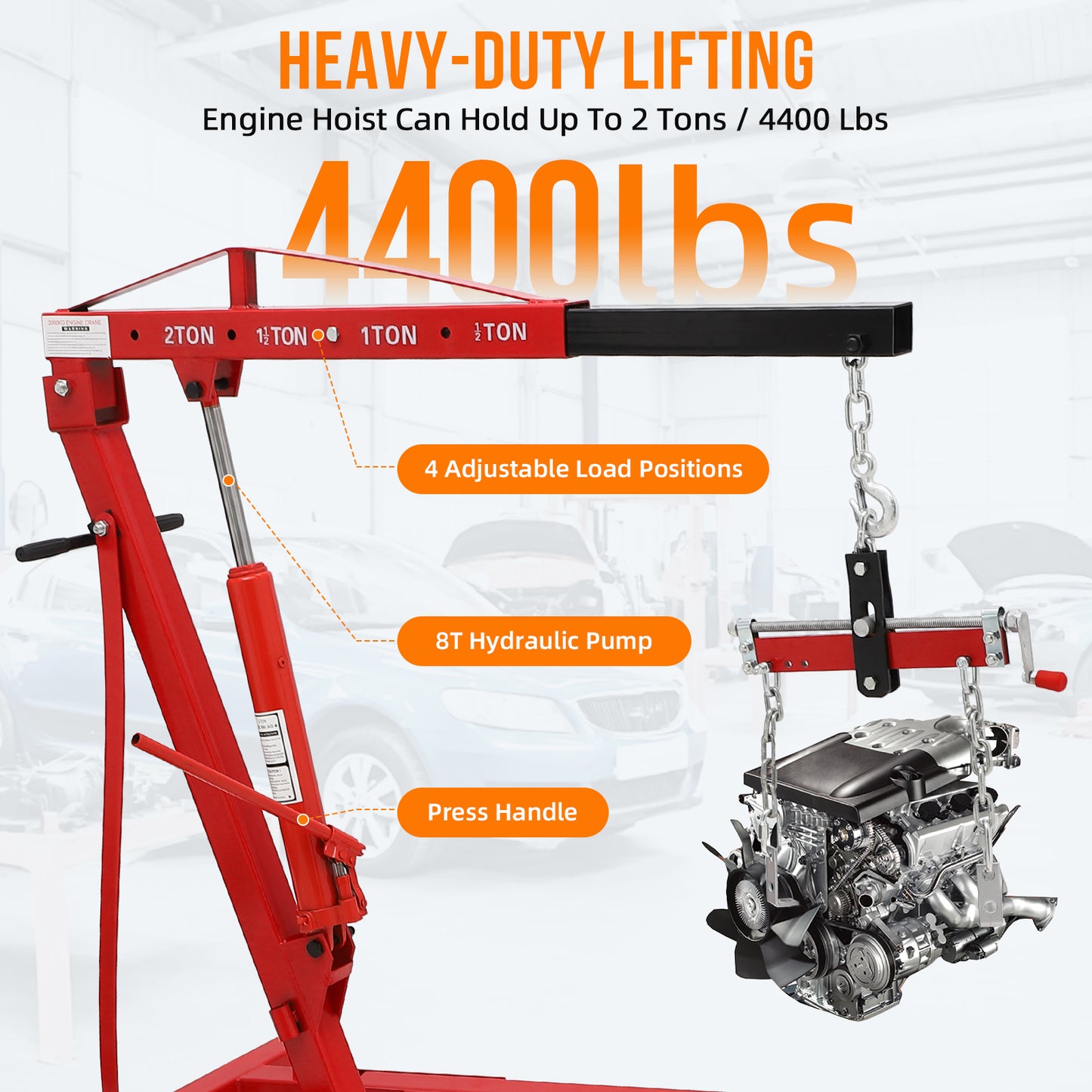 Garvee Steel Folding Hydraulic Engine Hoist, Heavy Duty with Lever, 2 Ton Max, 6 Wheels