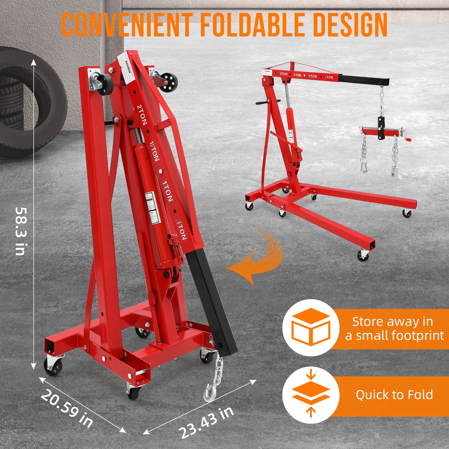 Garvee Steel Folding Hydraulic Engine Hoist, Heavy Duty with Lever, 2 Ton Max, 6 Wheels