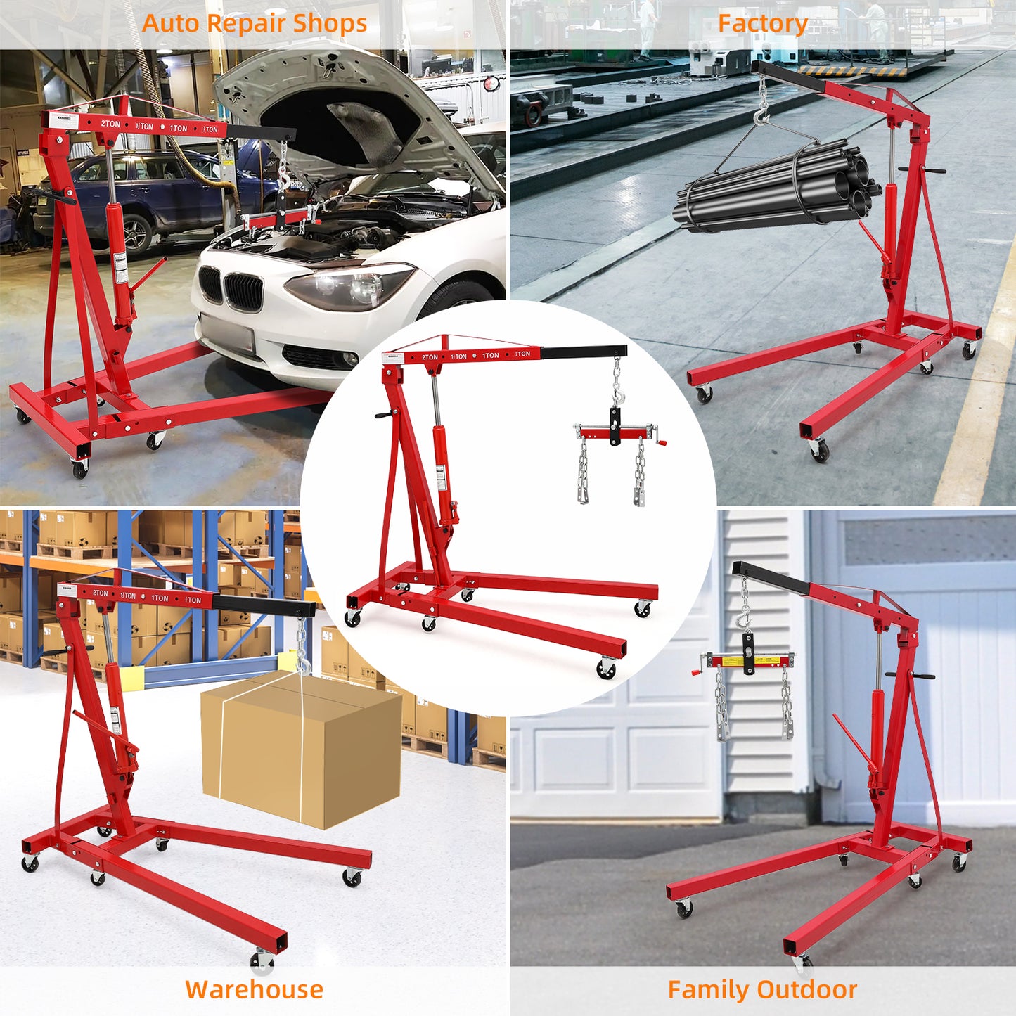 Garvee Steel Folding Hydraulic Engine Hoist, Heavy Duty with Lever, 2 Ton Max, 6 Wheels
